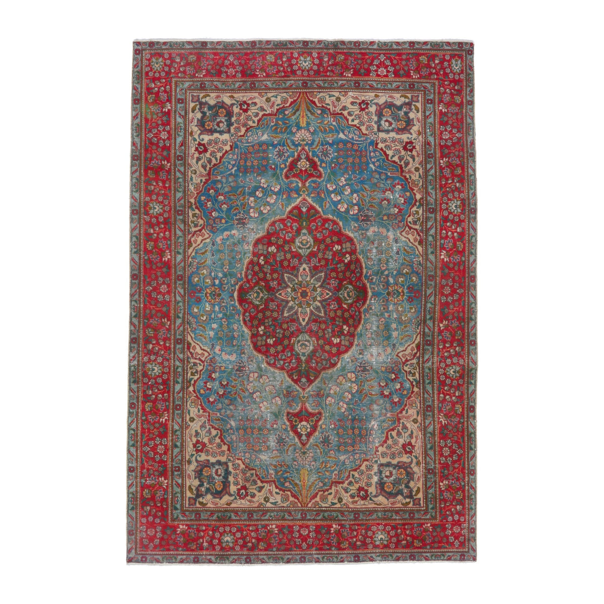 Persian Tabriz area rug in blue gray and faded red, 6'8" x 10'2"