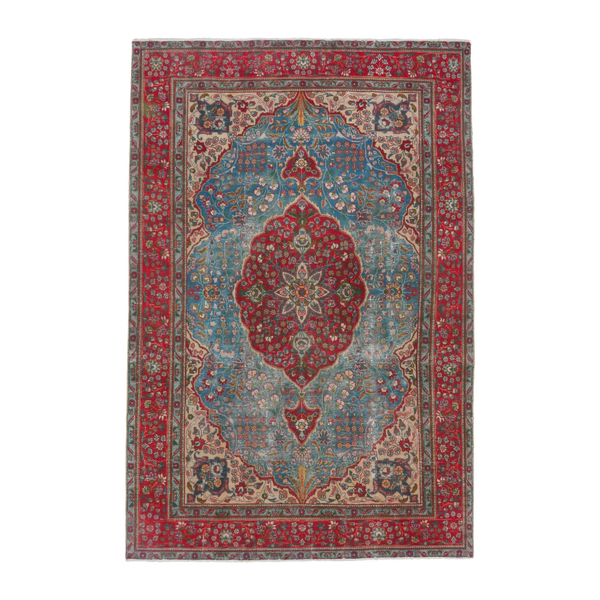 Persian Tabriz area rug in blue gray and faded red, 6'8" x 10'2"