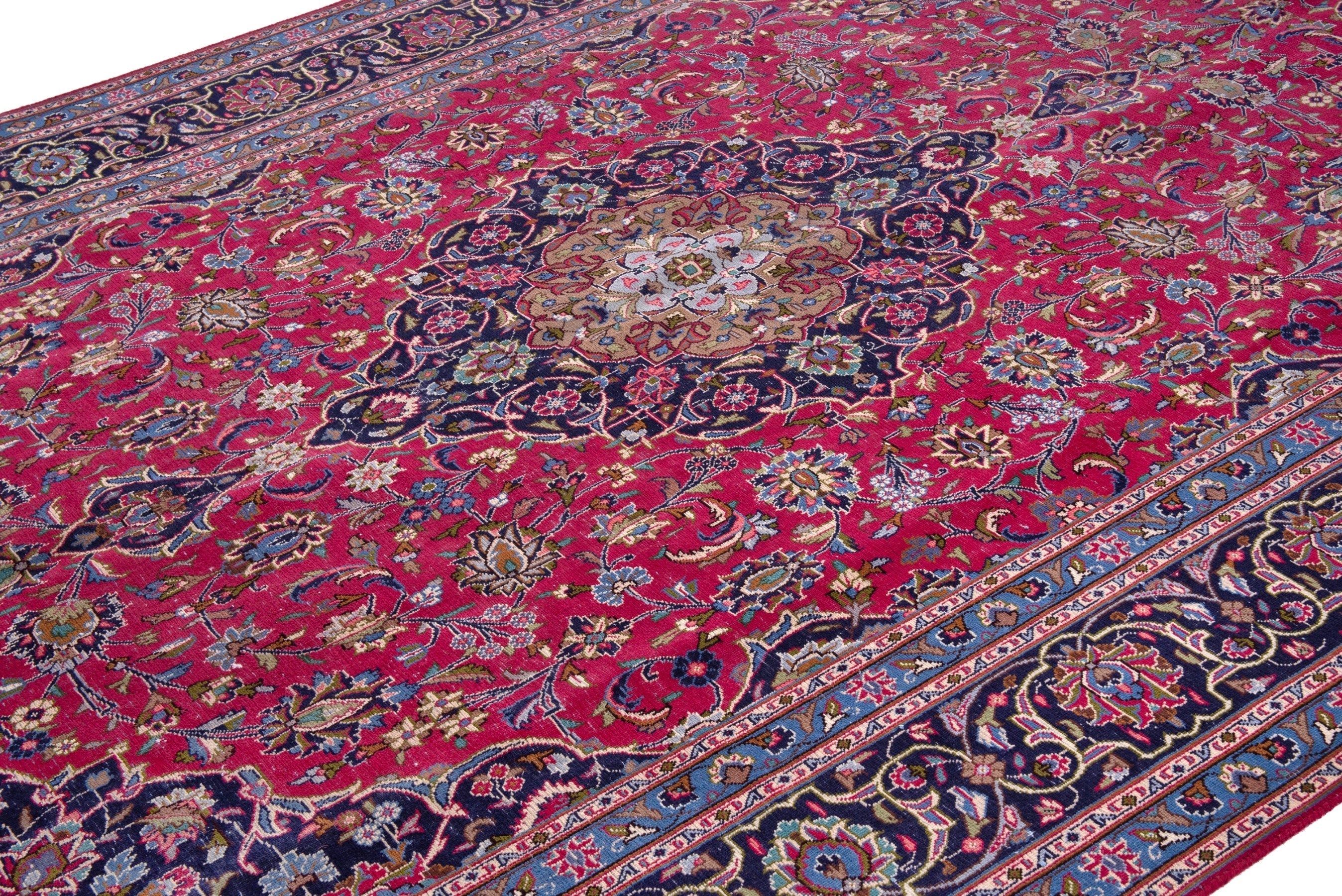Persian Kashmar oversized rug in deep red and dark blue, view 6 of 23