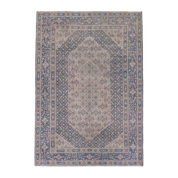 Persian Birjand area rug in cream and dark blue, 7'1" x 10'4"