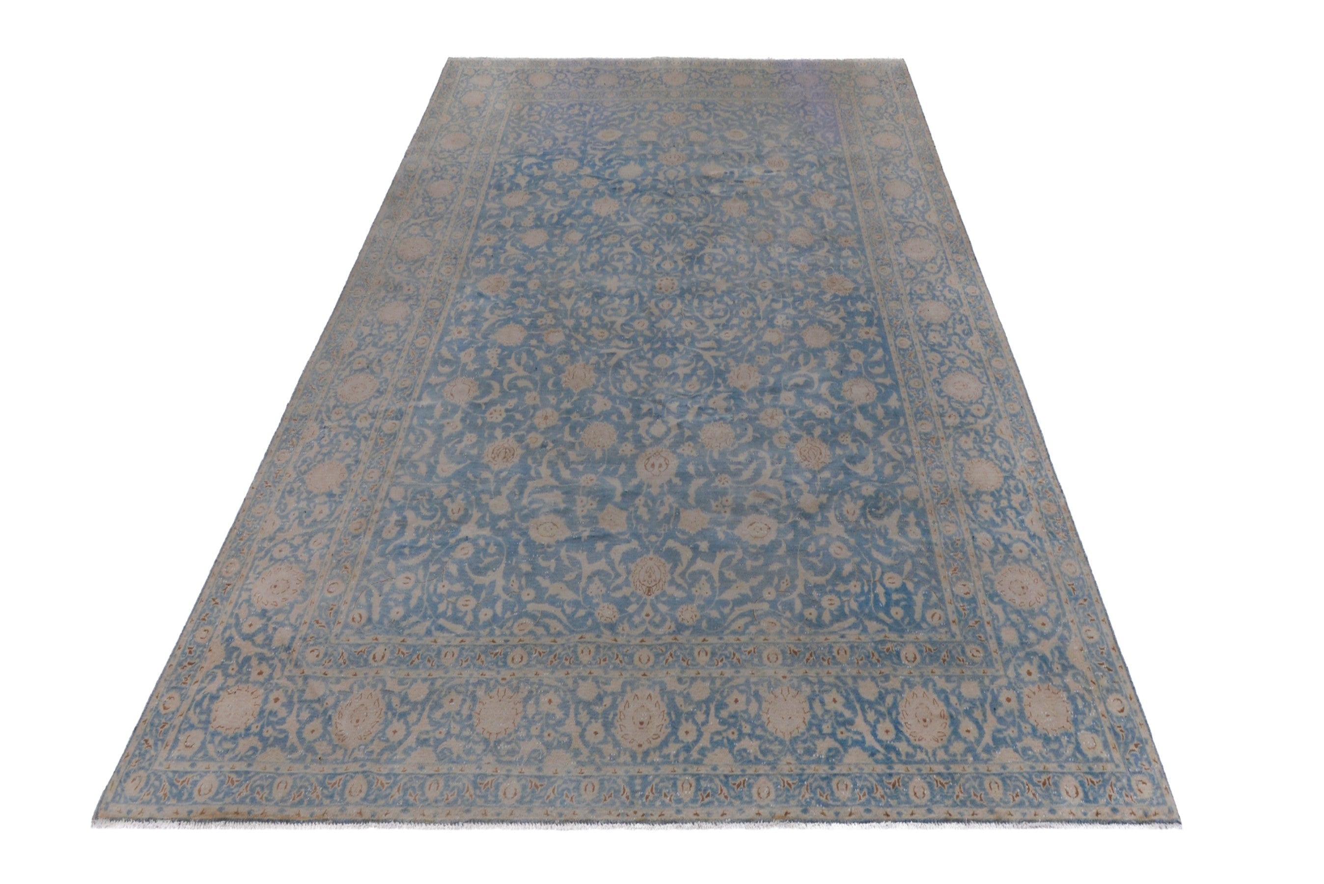 Persian Kashan oversized rug in denim and greige, view 2 of 17