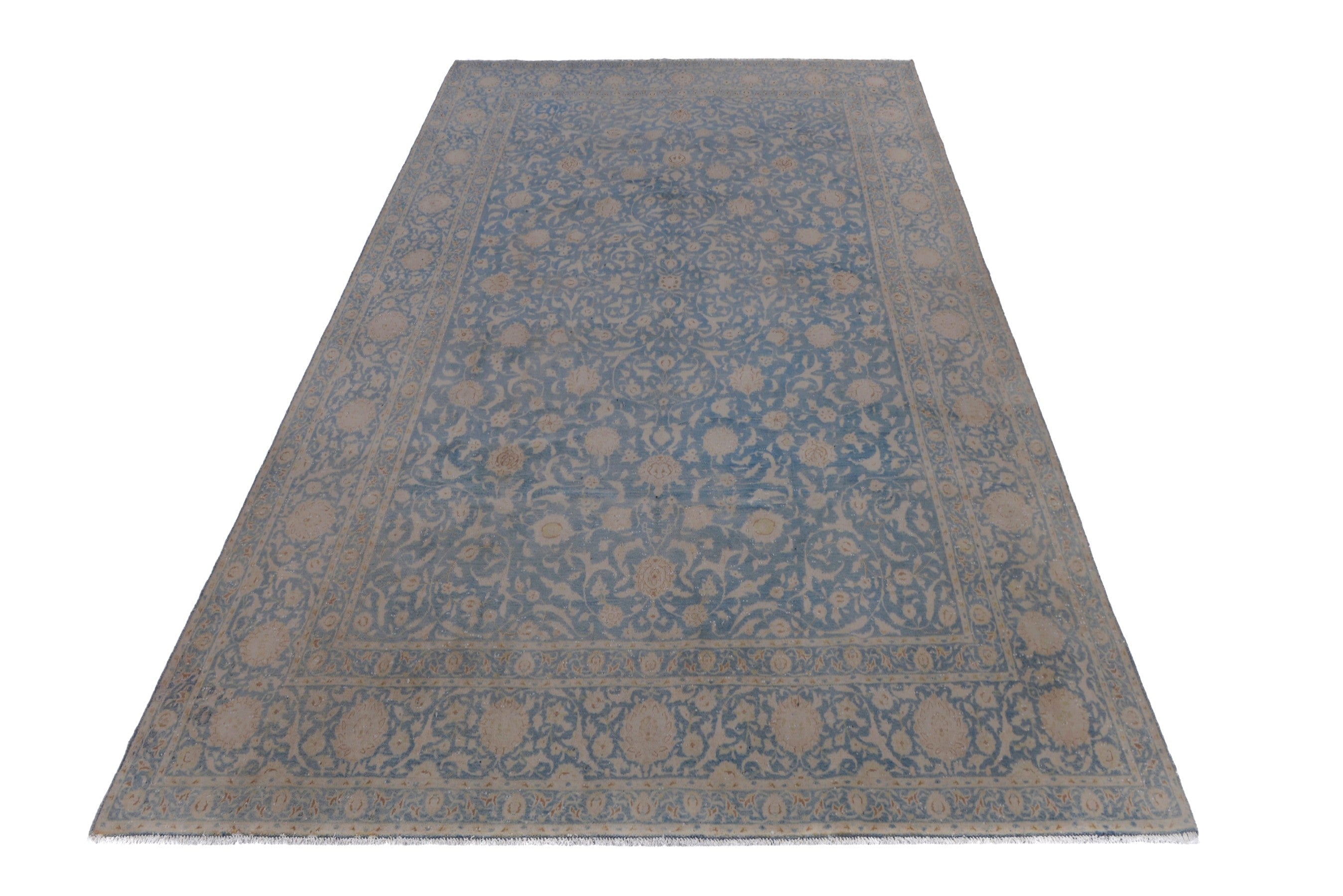 Persian Kashan oversized rug in denim and greige, view 3 of 17