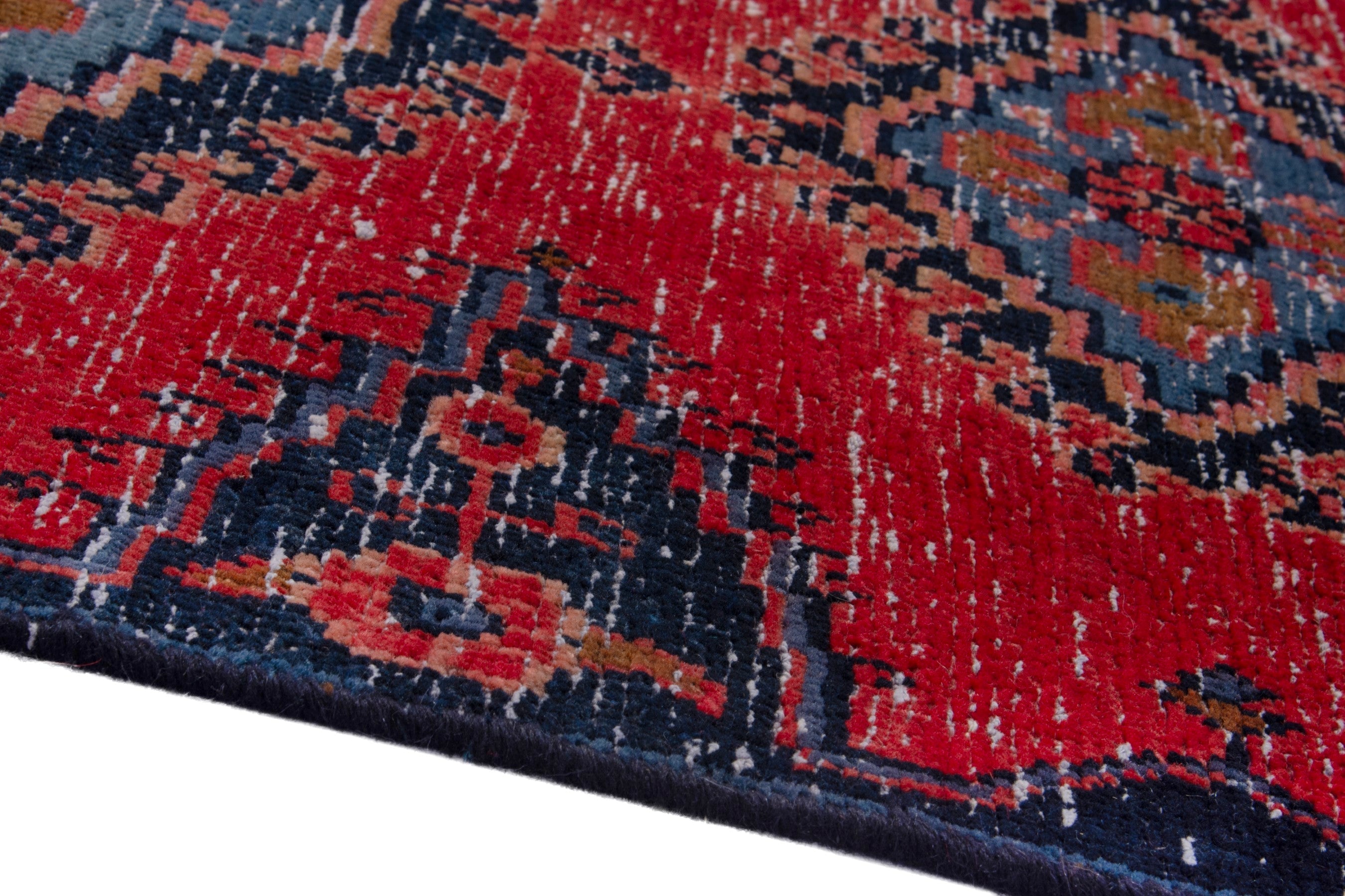 Persian Vist accent rug in deep red and dark blue, view 8 of 17