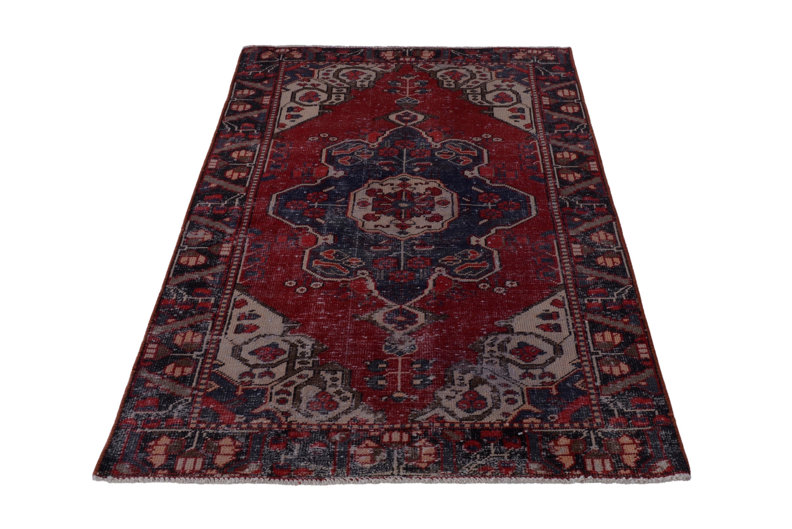 Persian Bakhtiari accent rug in burgundy and dark blue, view 2 of 17