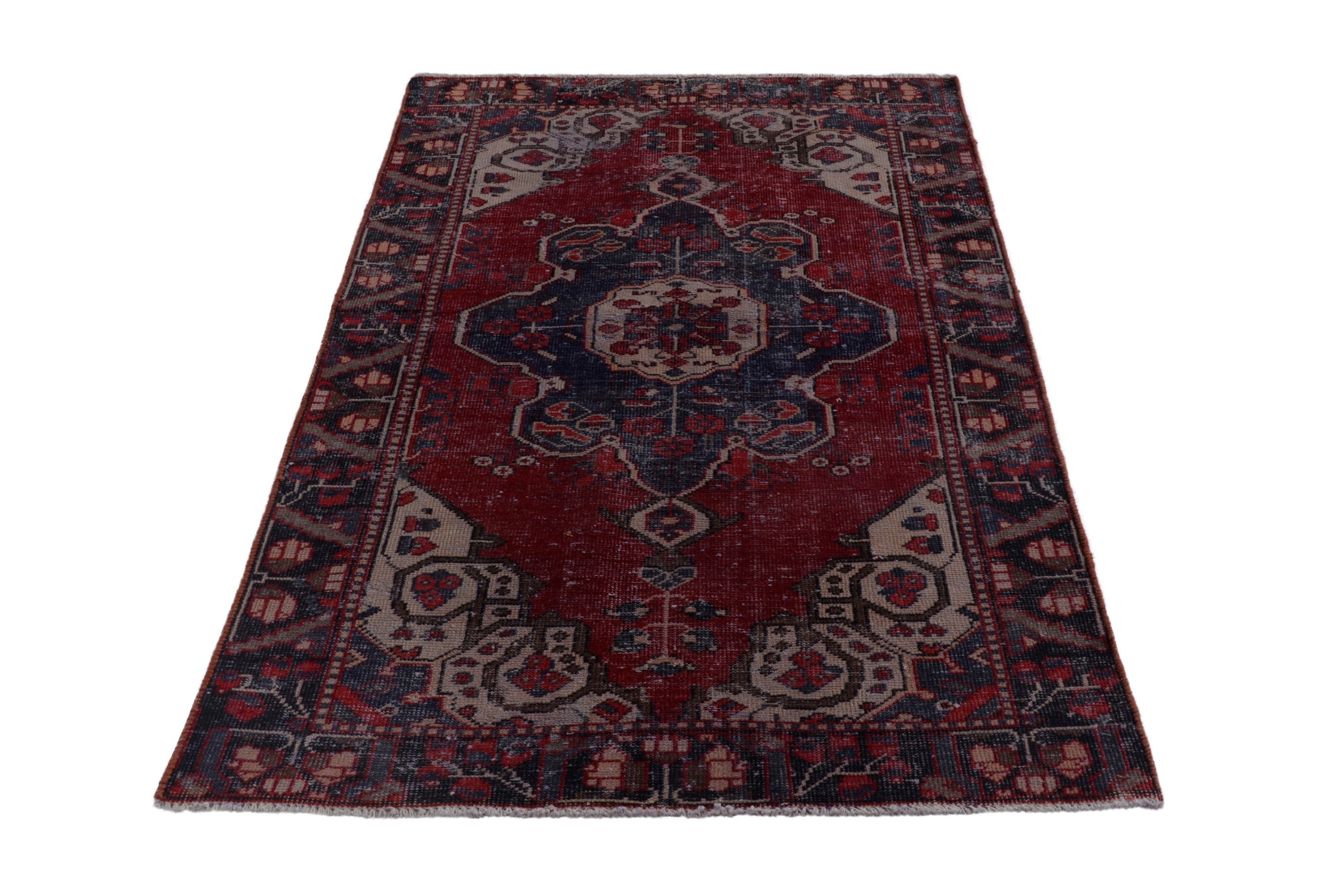 Persian Bakhtiari accent rug in burgundy and dark blue, view 3 of 17