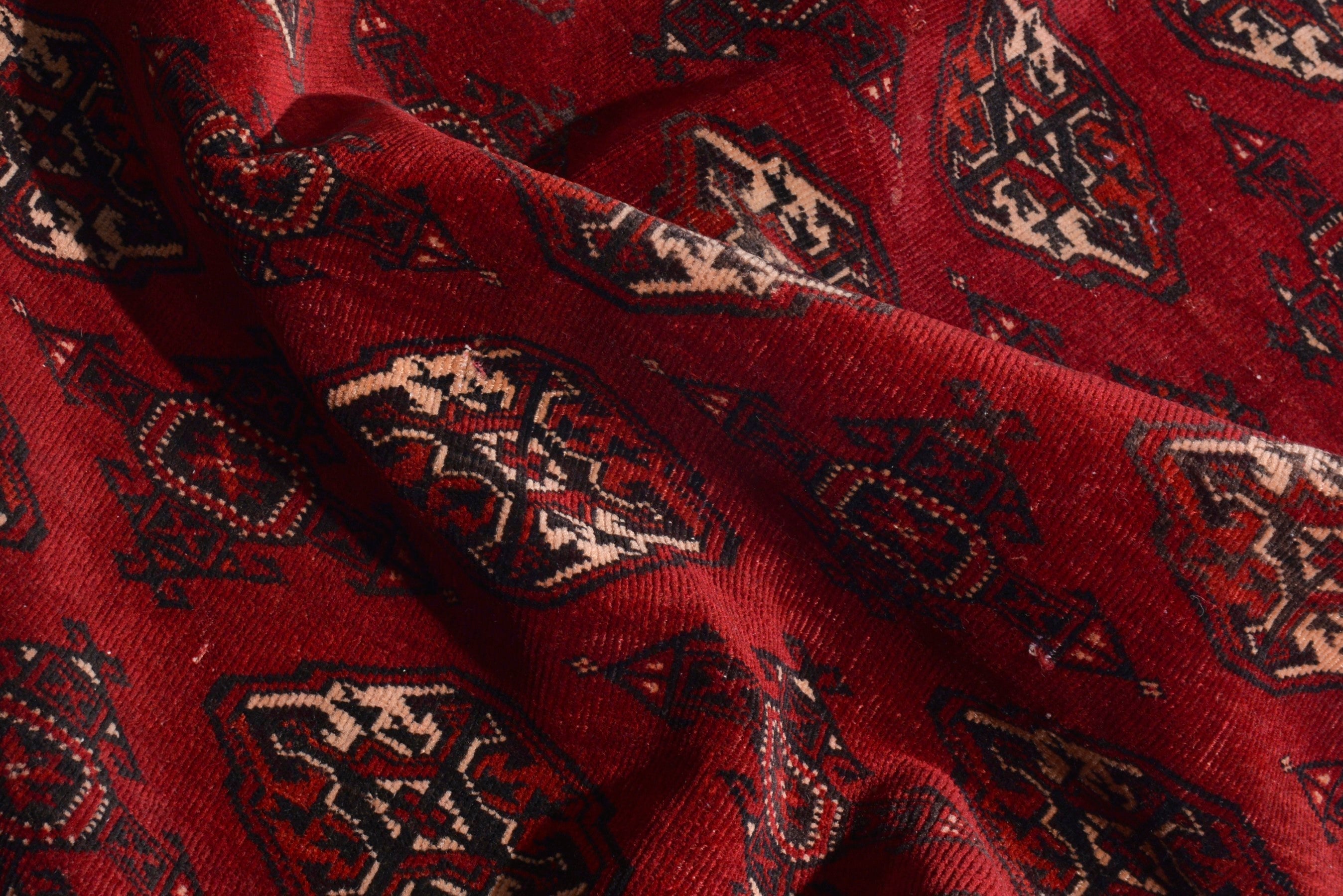 Persian Torkaman accent rug in deep red and antique gold, view 18 of 19