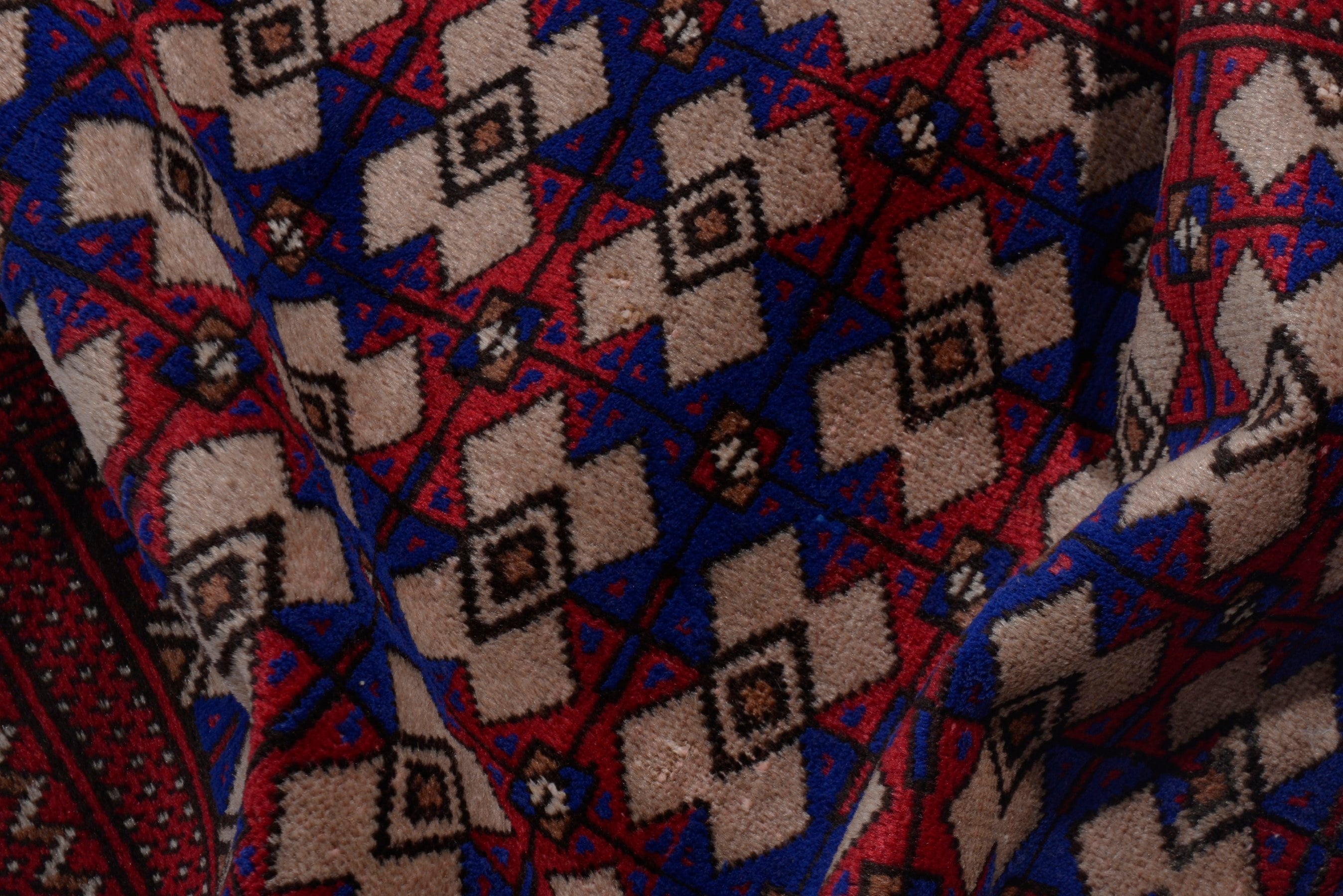 Persian Torkaman accent rug in burgundy and navy, view 15 of 17