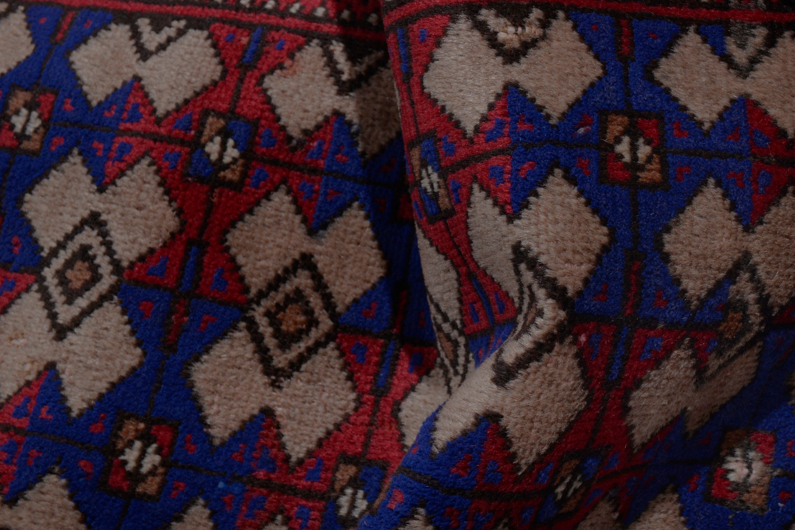 Persian Torkaman accent rug in burgundy and navy, view 16 of 17