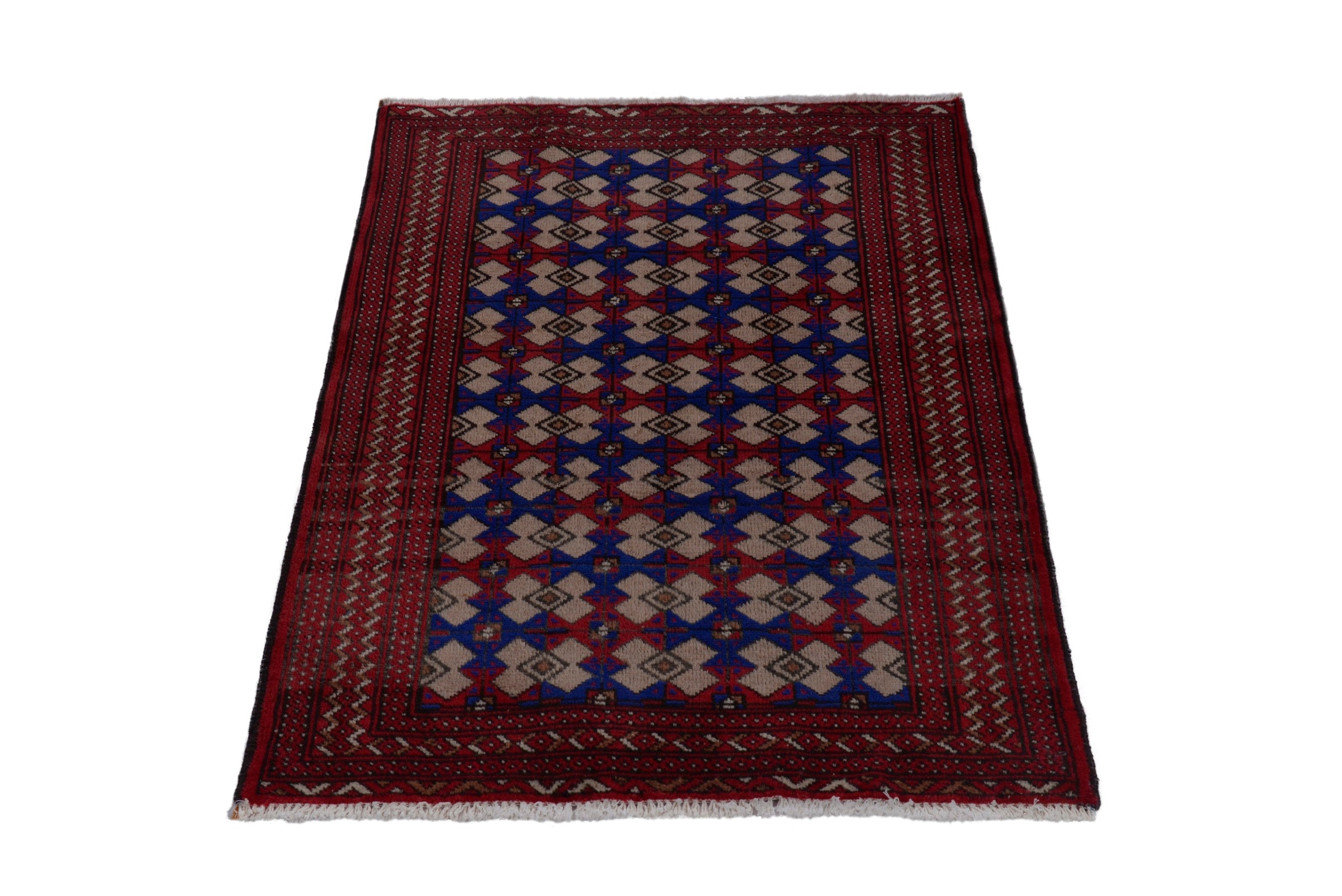 Persian Torkaman accent rug in burgundy and navy, view 3 of 17