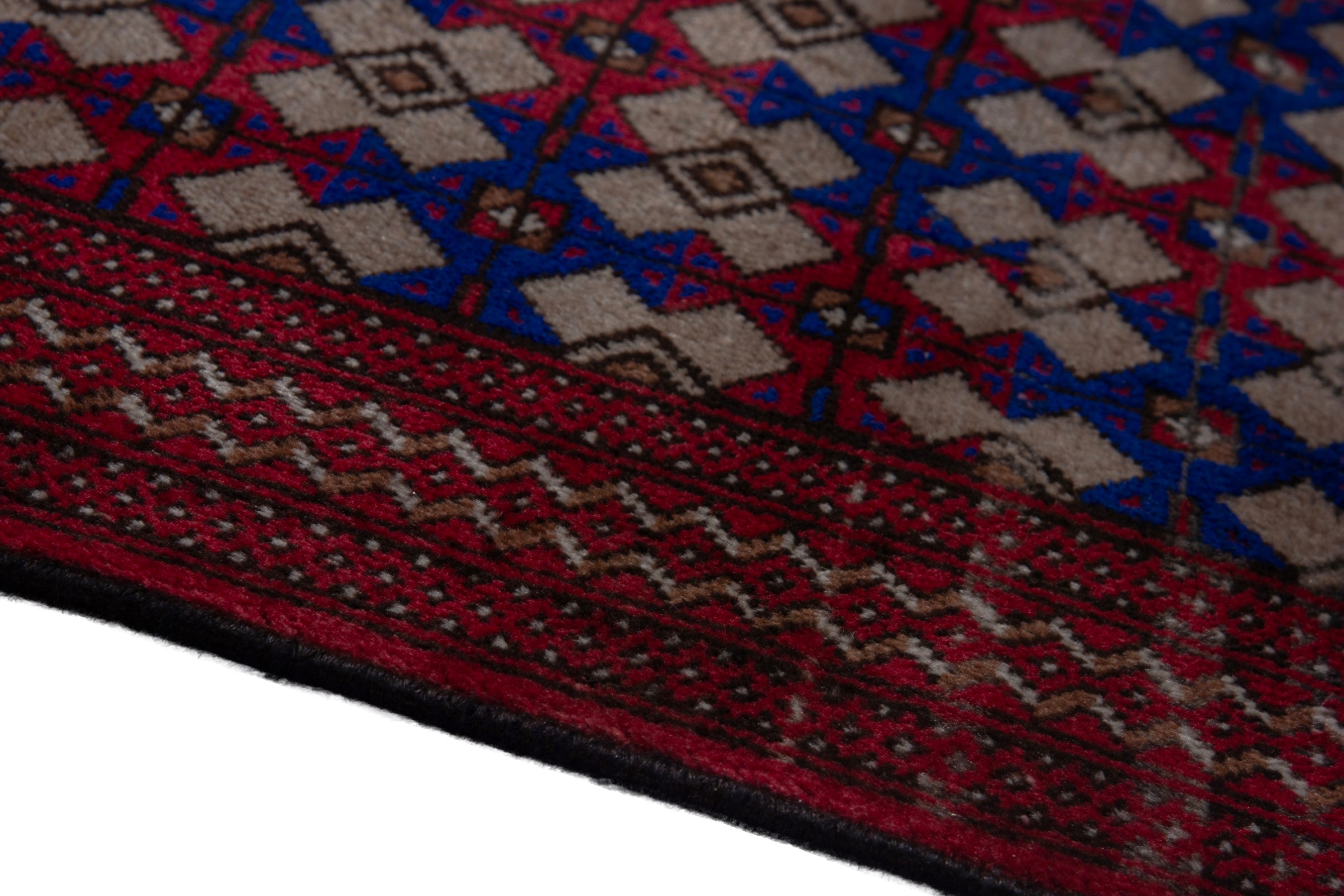Persian Torkaman accent rug in burgundy and navy, view 8 of 17