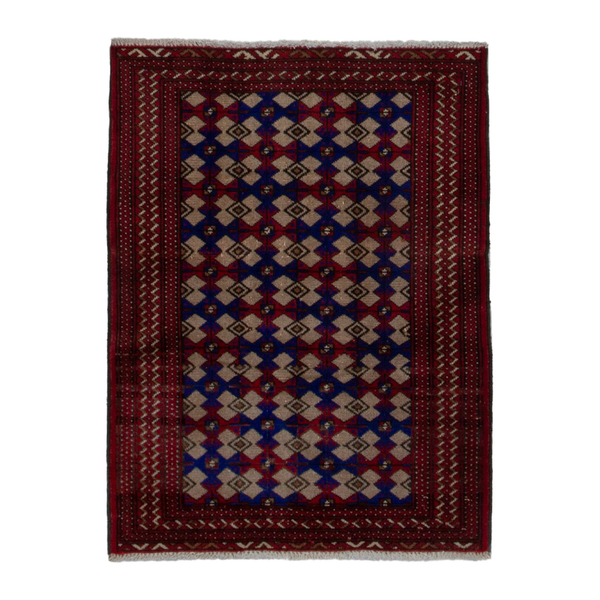 Persian Torkaman accent rug in burgundy and navy, 2'9" x 3'7"
