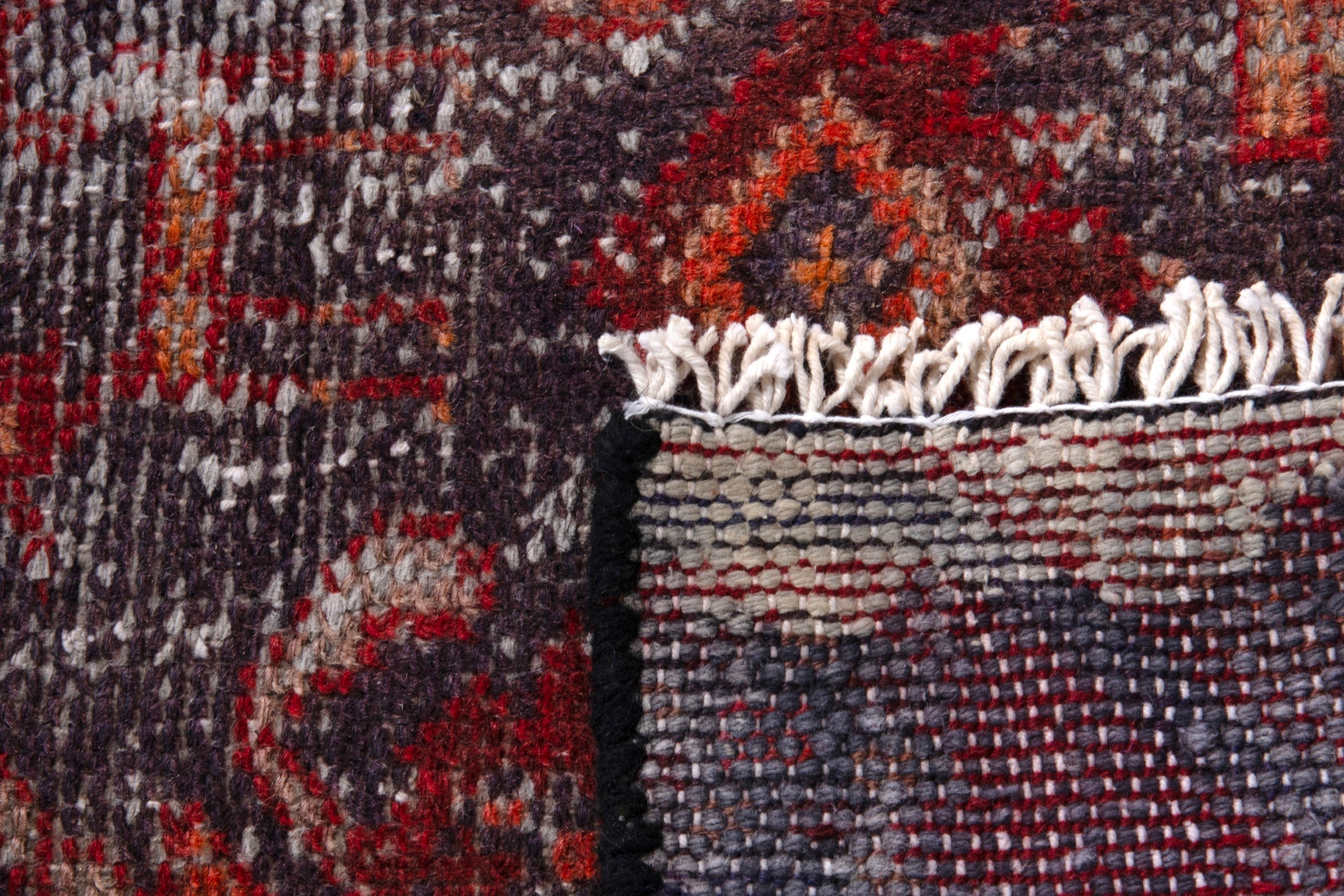 Persian Baluch runner rug in greige and deep red, view 18 of 18