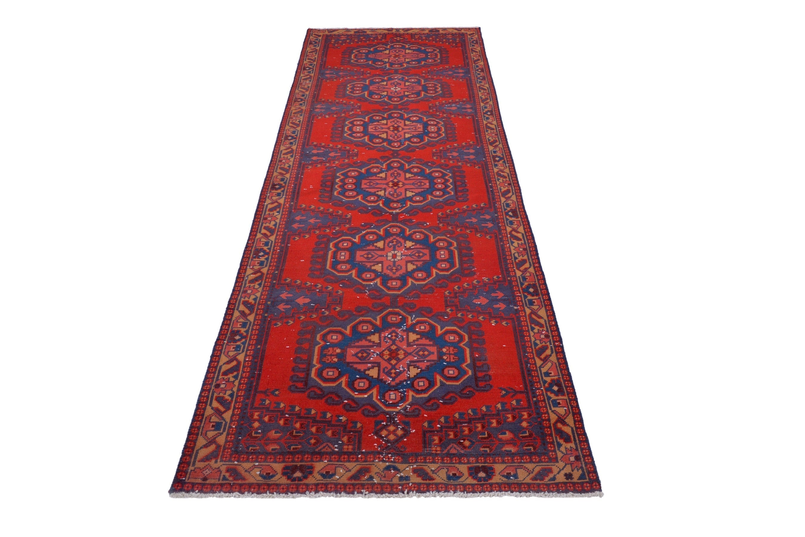 Persian Vist runner rug in deep red and dark blue, view 2 of 17