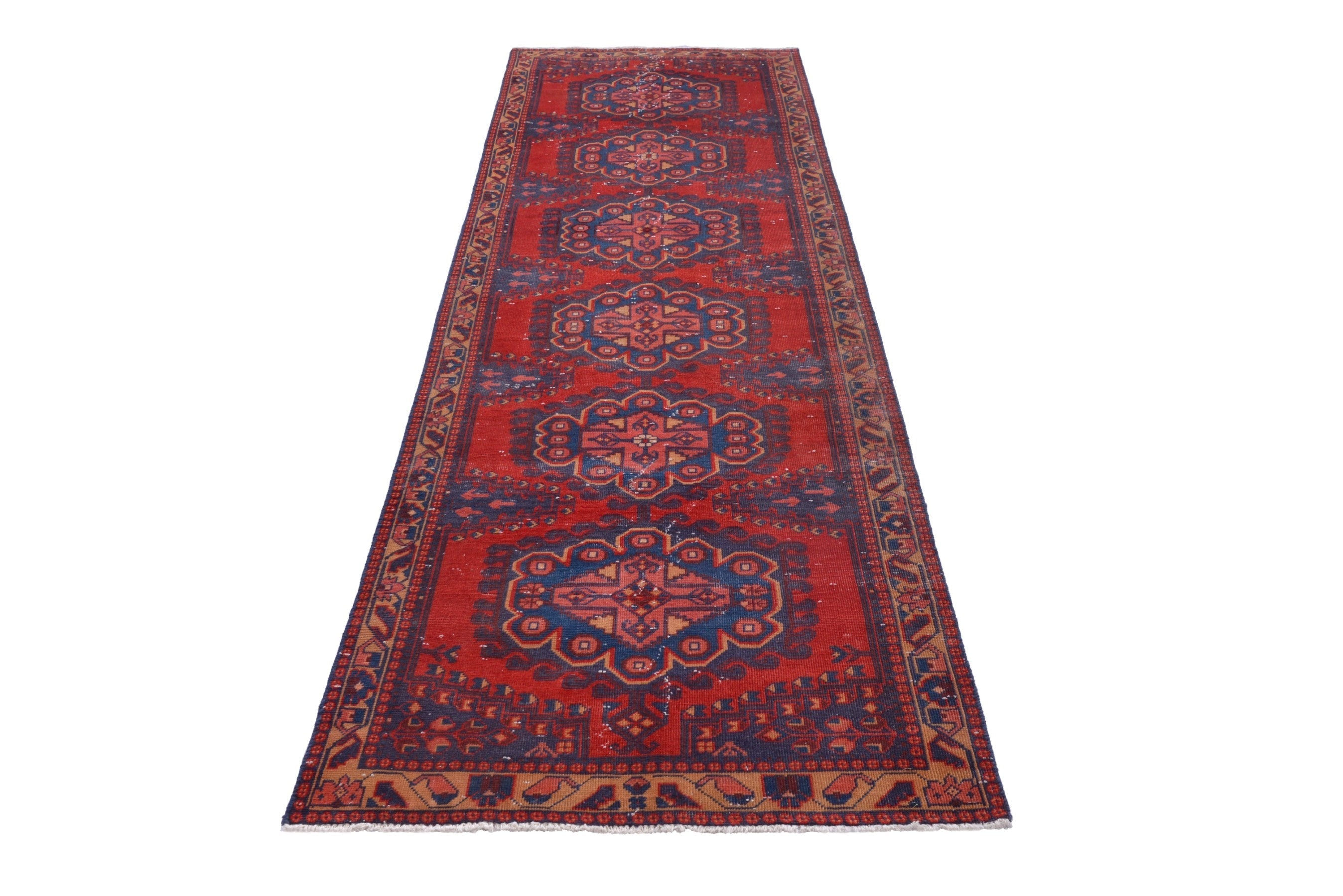 Persian Vist runner rug in deep red and dark blue, view 3 of 17