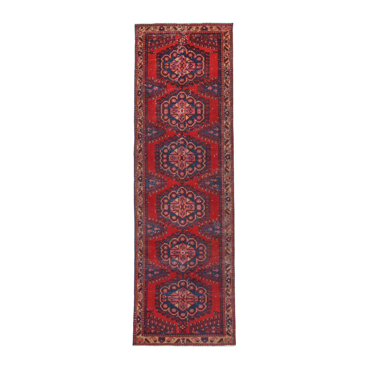 Persian Vist runner rug in deep red and dark blue, 3'5" x 11'1"