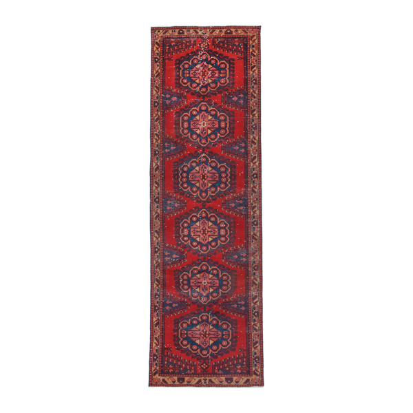 Persian Vist runner rug in deep red and dark blue, 3'5" x 11'1"