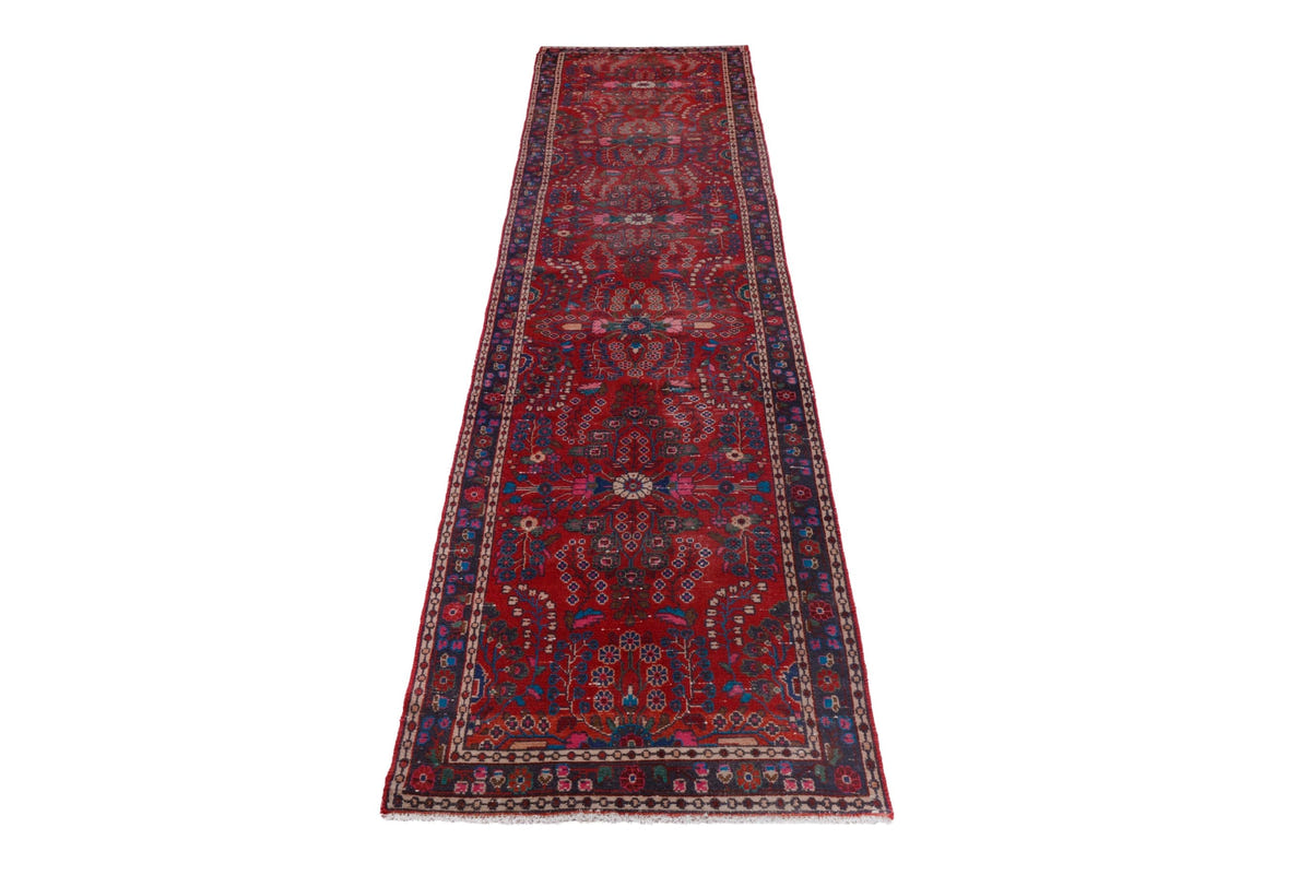 Turkish Anatolian runner rug in deep red and navy, view 16 of 22