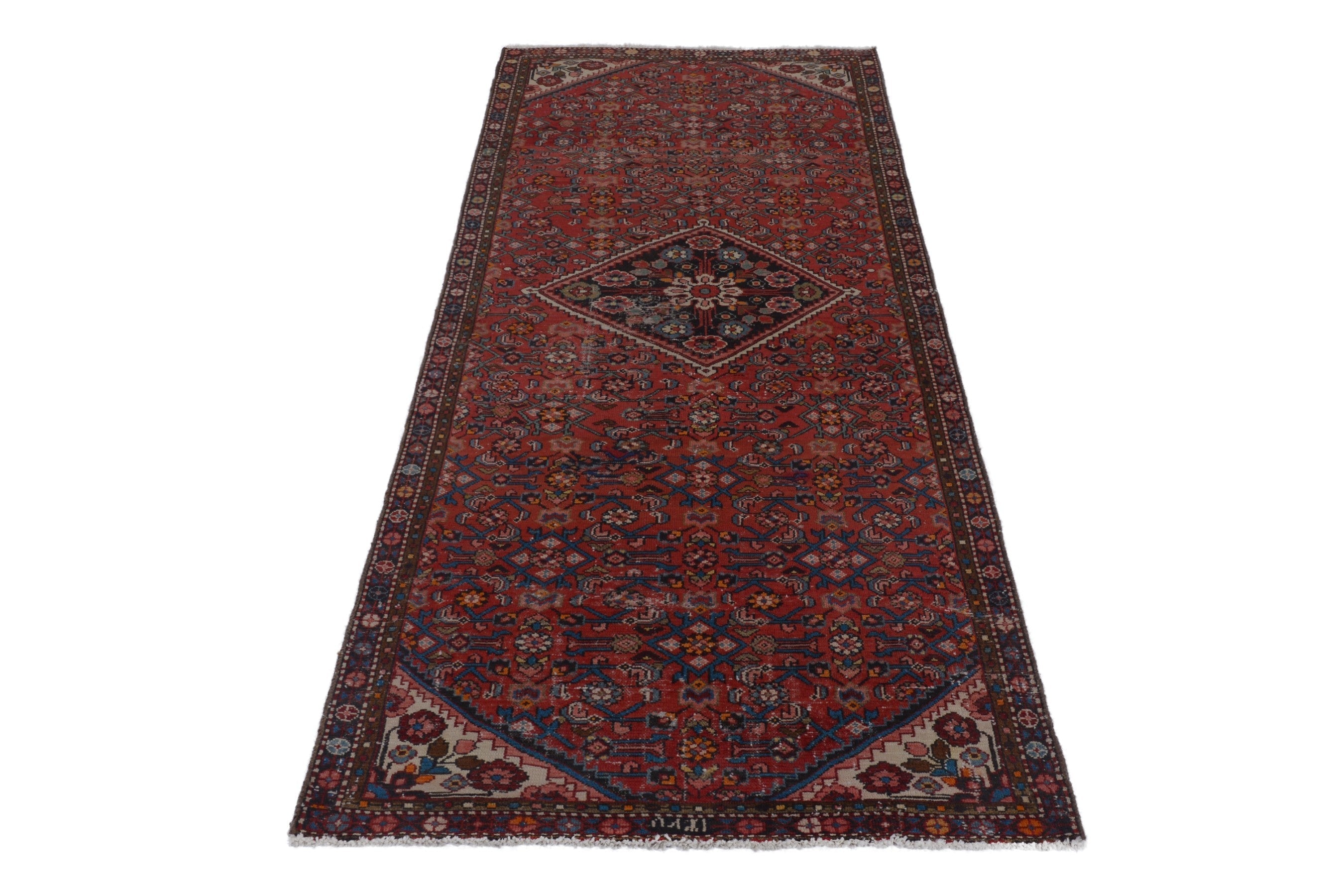 Persian Hamedan runner rug in deep red and charcoal, view 2 of 17