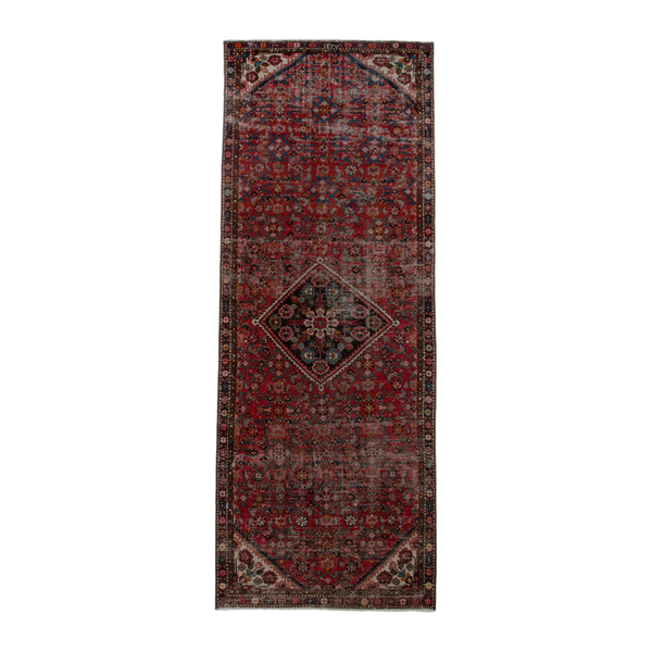 Persian Hamadan runner rug in deep red and charcoal, 3'7" x 9'7"