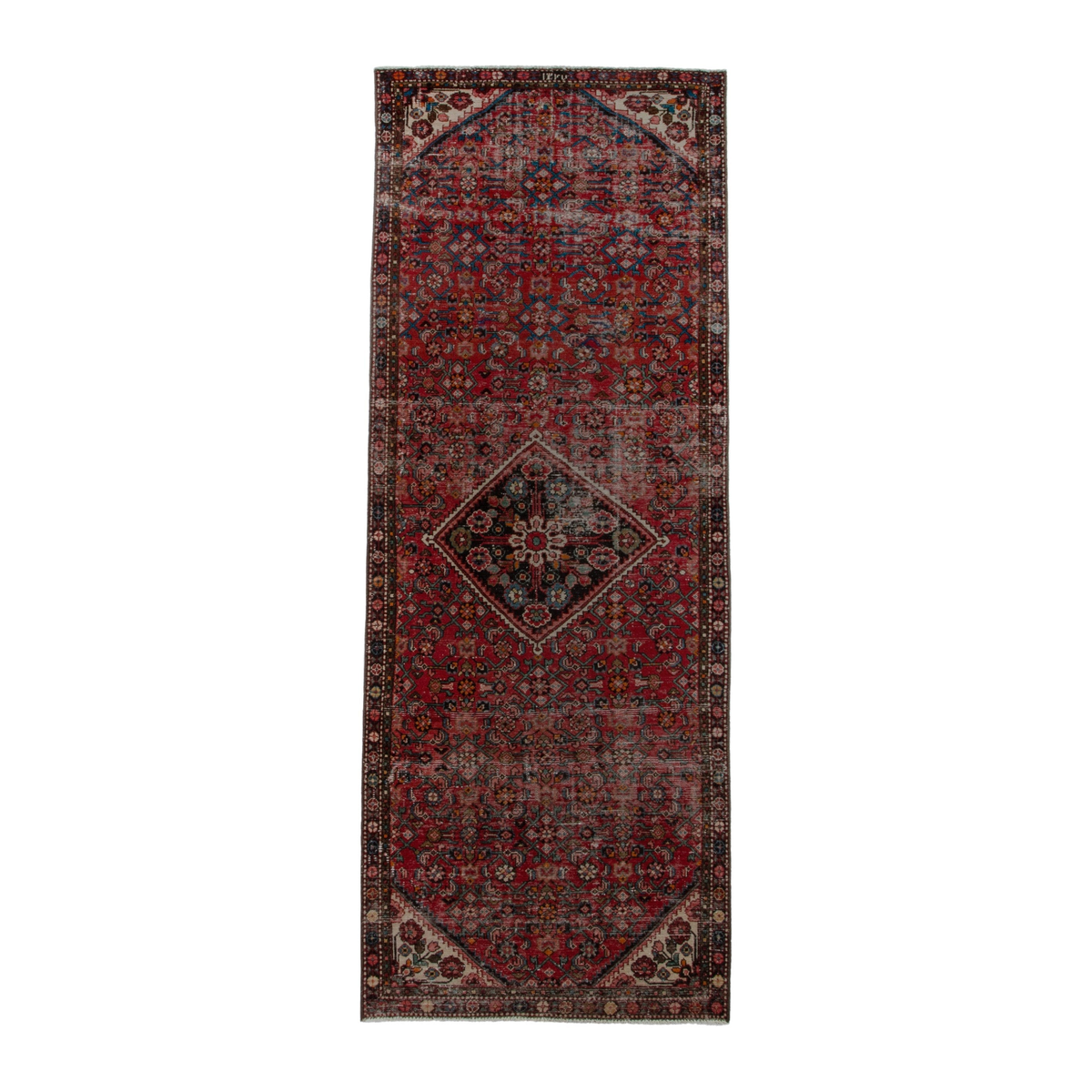 Persian Hamedan runner rug in deep red and charcoal, 3'7" x 9'7"