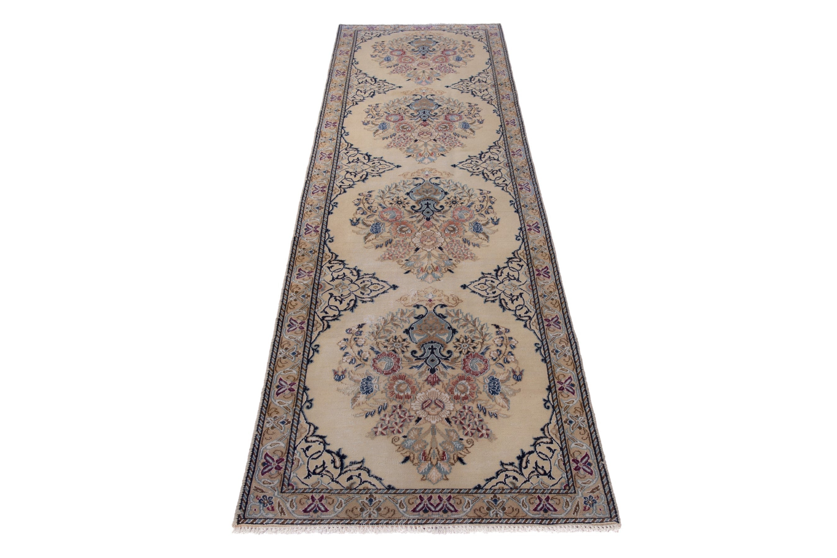 Persian Nain runner rug in cream and muted pink, view 3 of 17