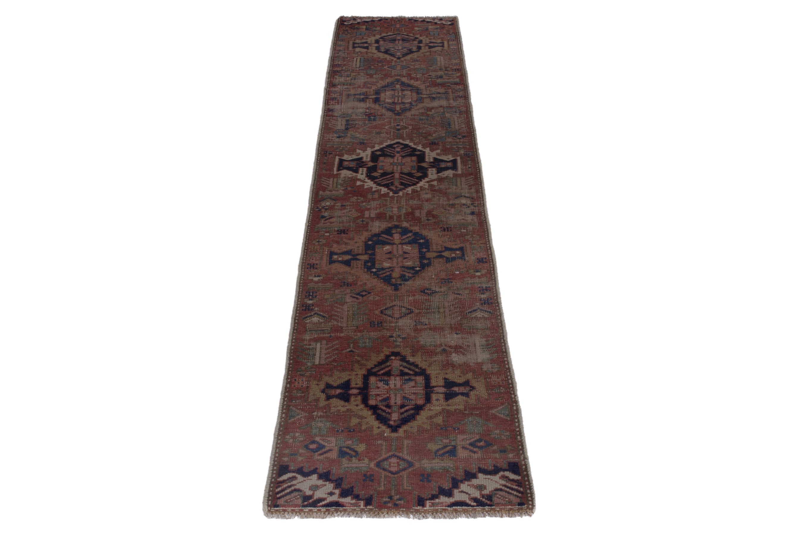 Turkish Anatolian runner rug in terracotta and navy, view 2 of 17