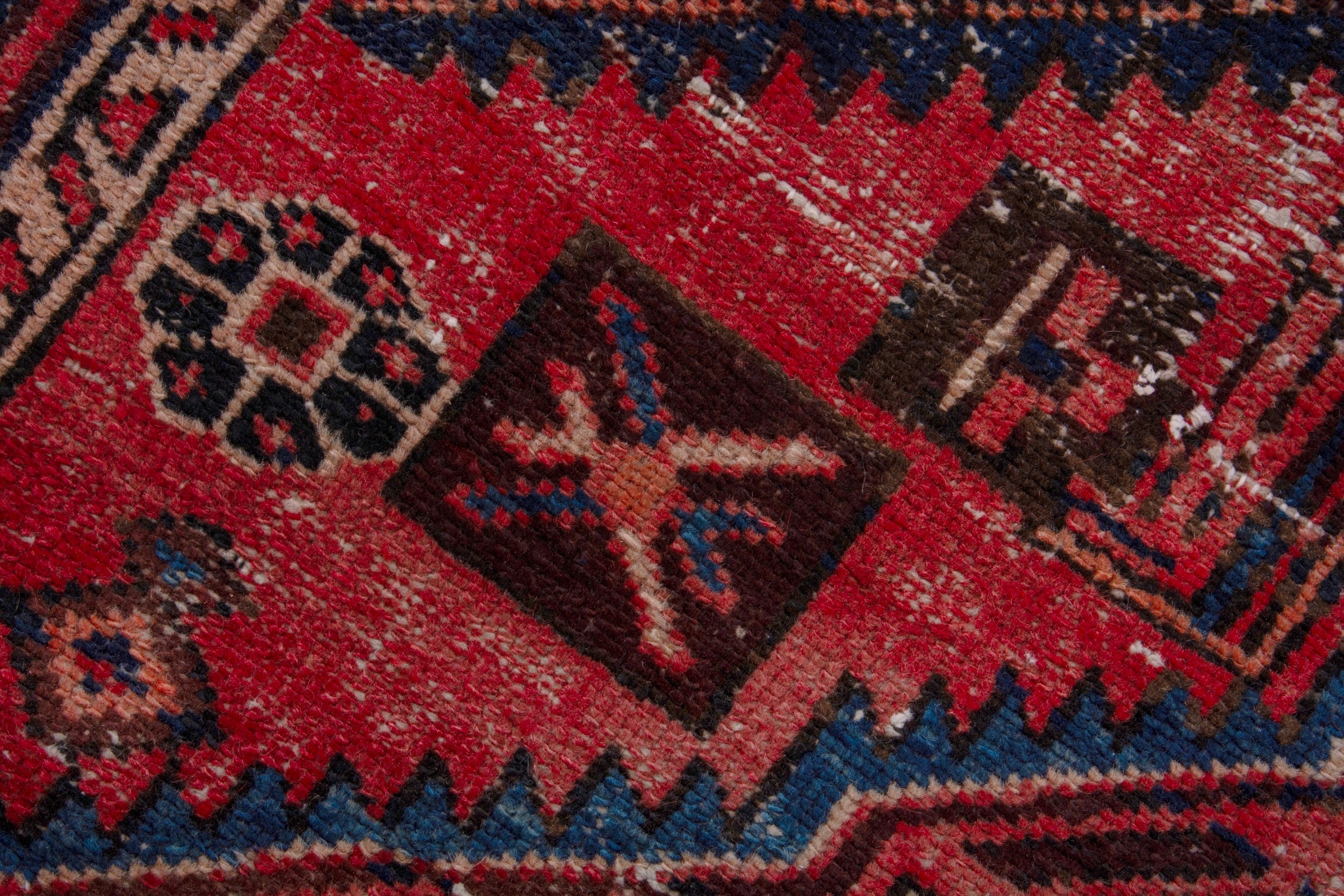 Persian Zanjan runner rug in faded red and dark blue, view 11 of 19