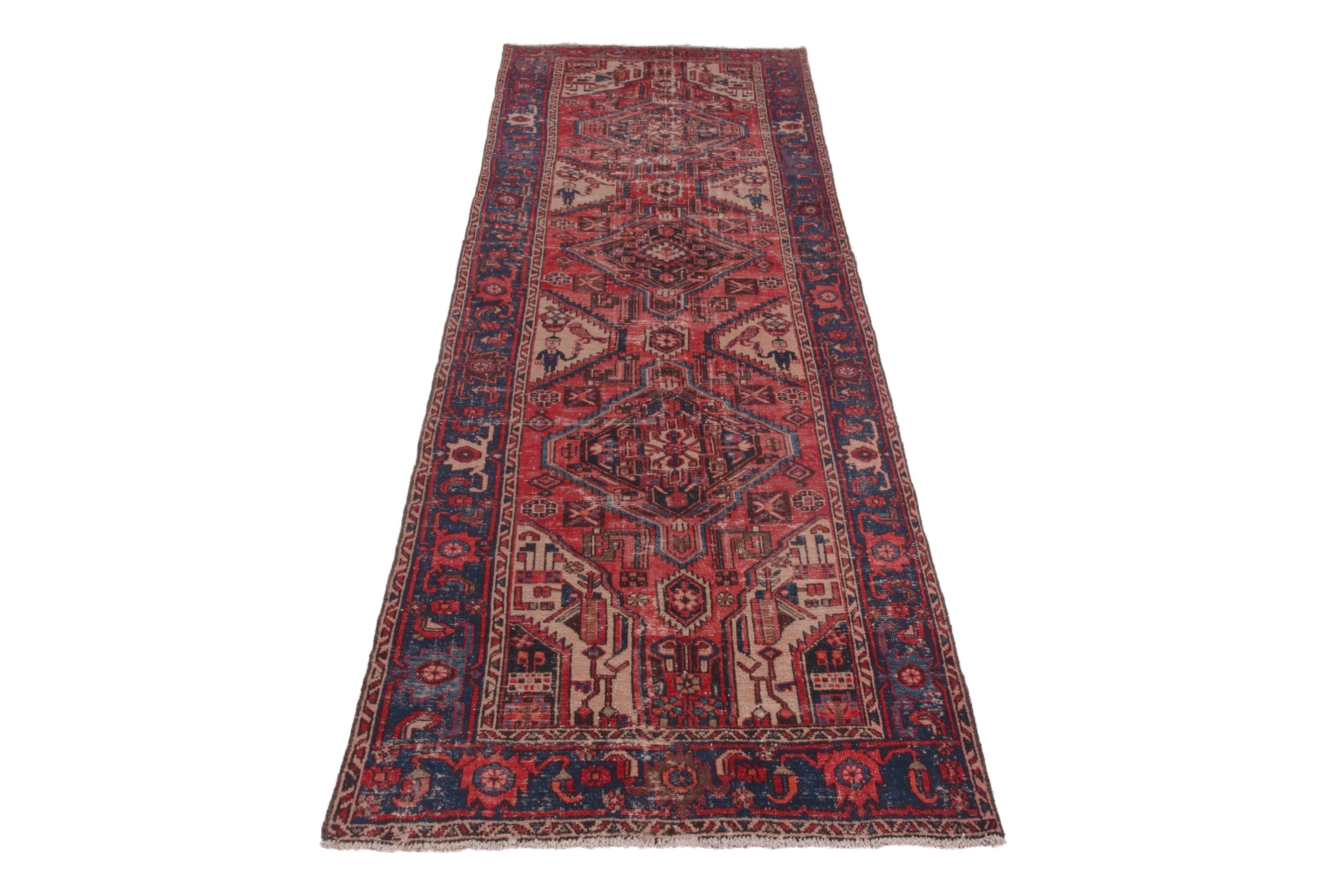 Persian Zanjan runner rug in faded red and dark blue, view 2 of 19