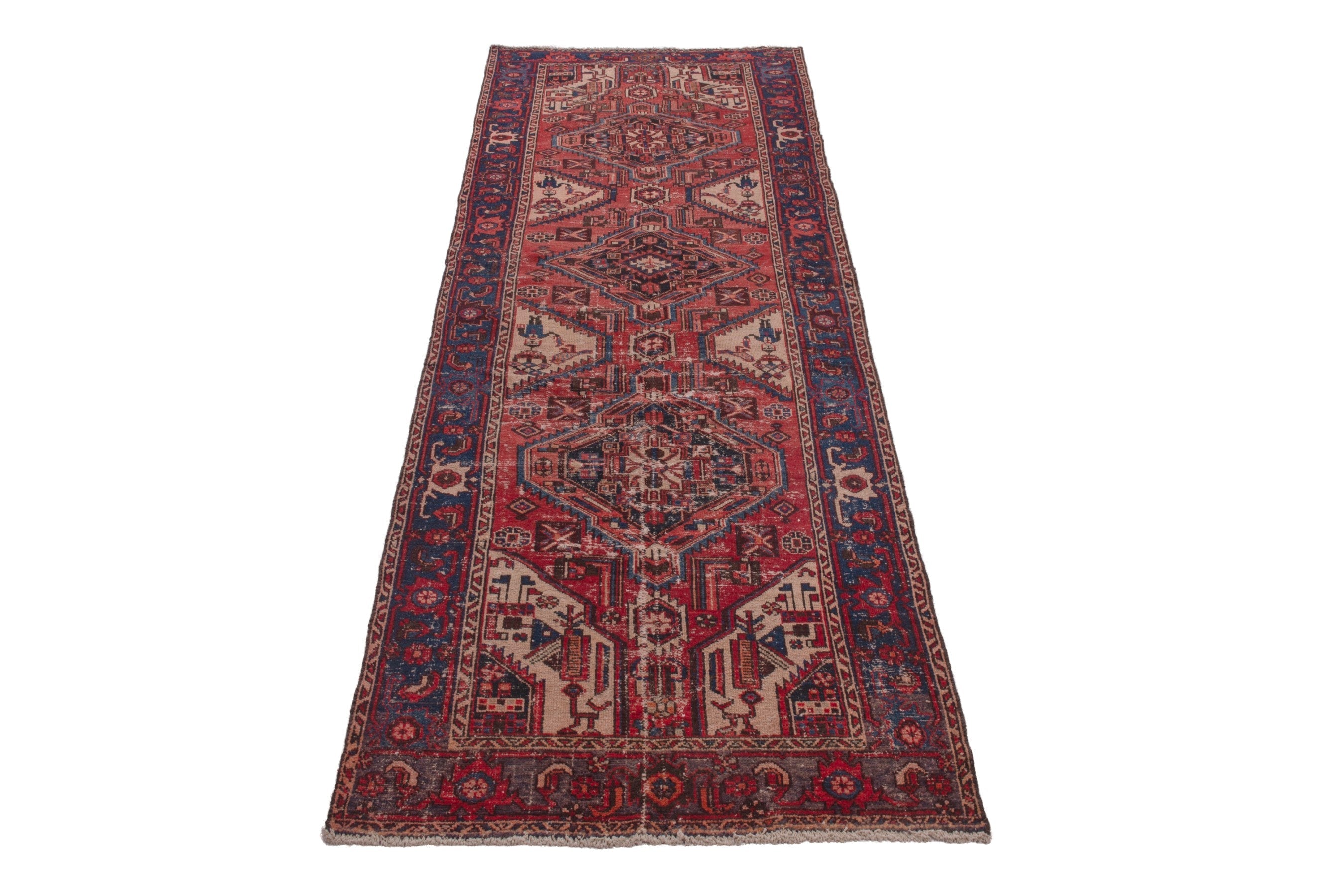 Persian Zanjan runner rug in faded red and dark blue, view 3 of 19