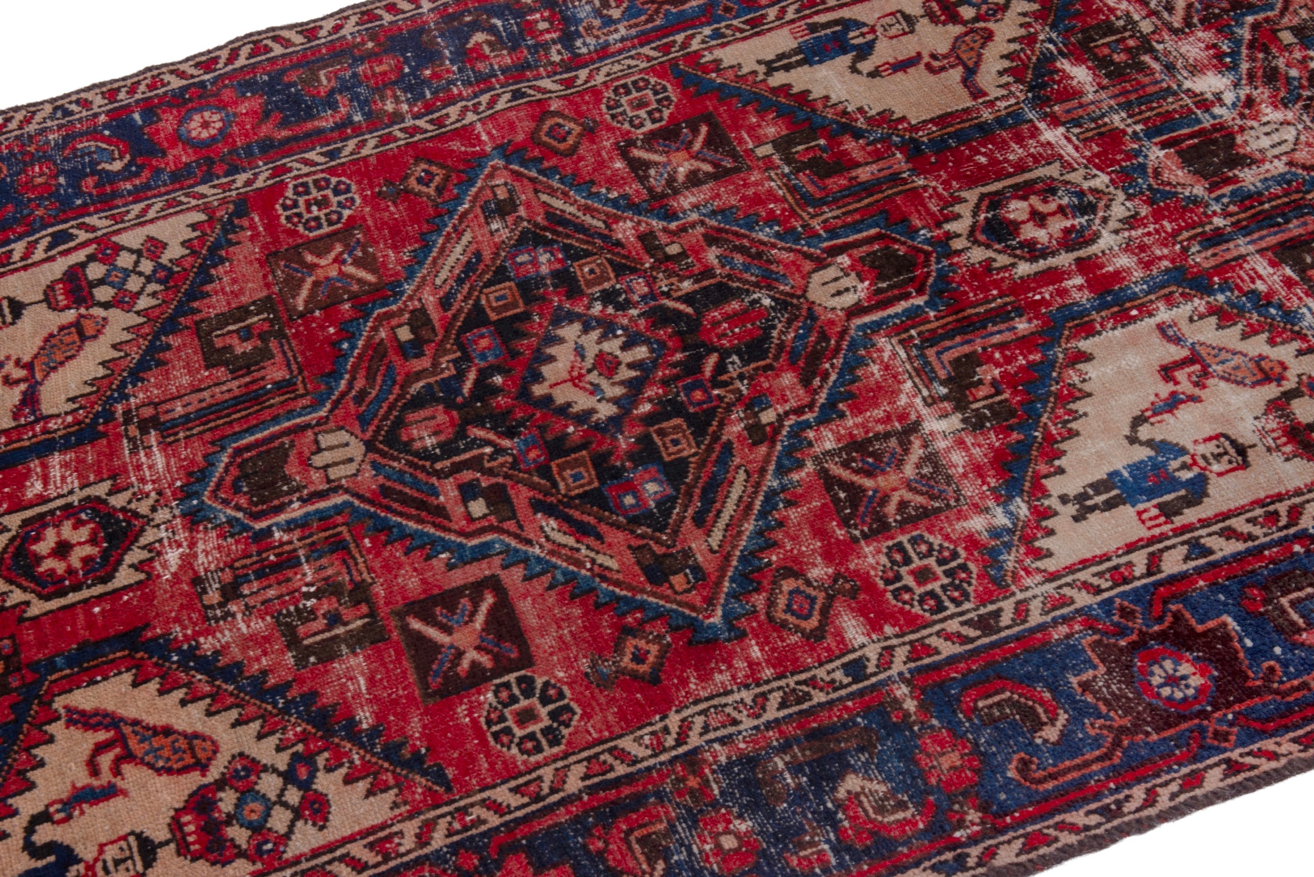 Persian Zanjan runner rug in faded red and dark blue, view 6 of 19