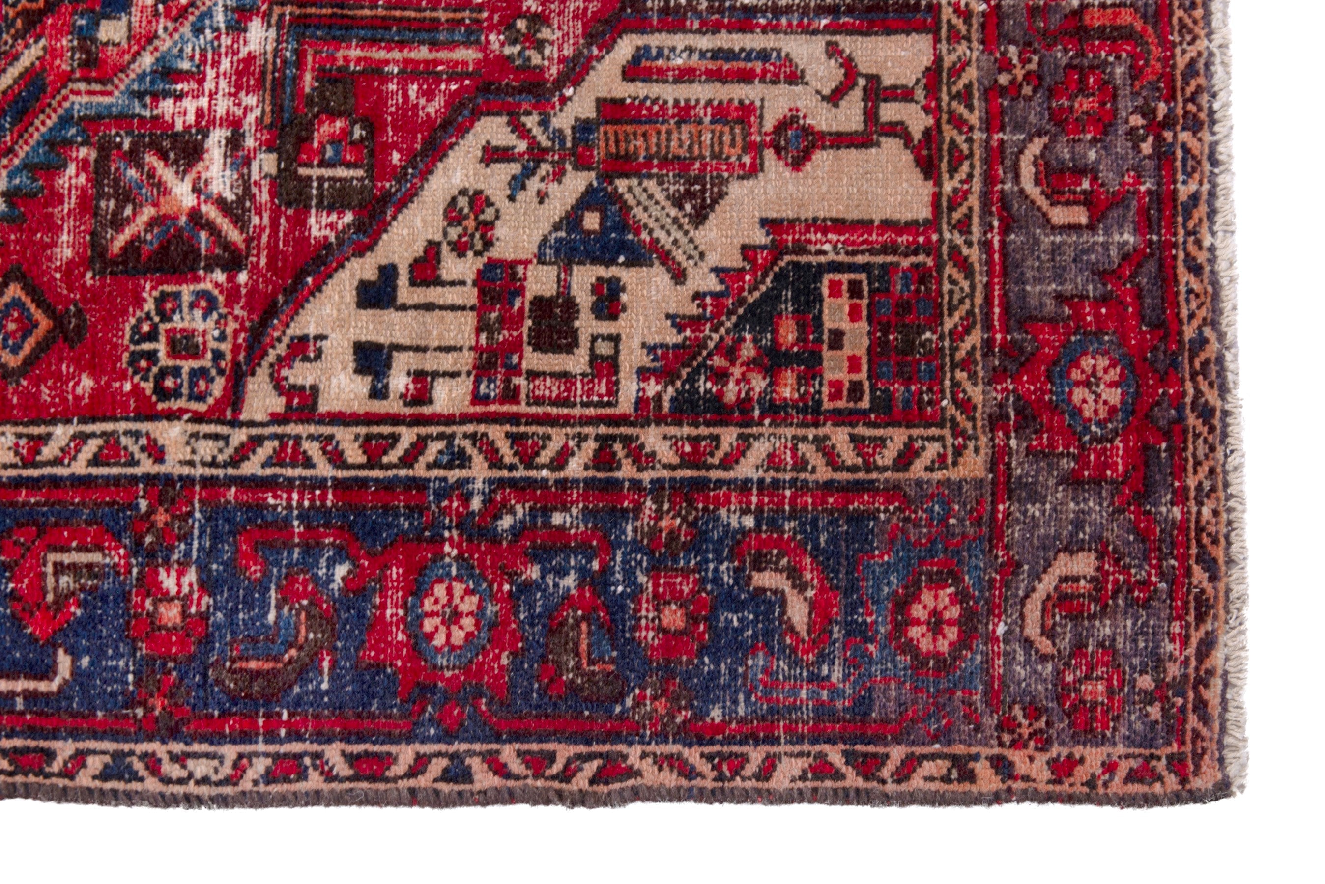 Persian Zanjan runner rug in faded red and dark blue, view 5 of 19