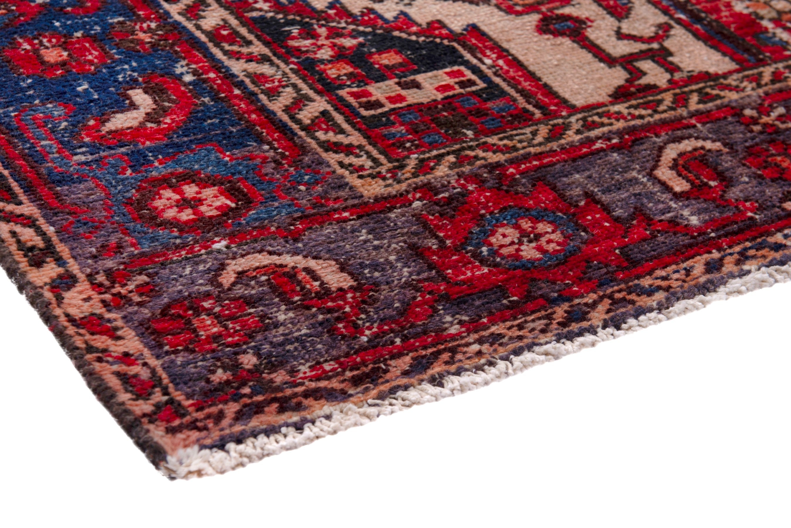 Persian Zanjan runner rug in faded red and dark blue, view 4 of 19