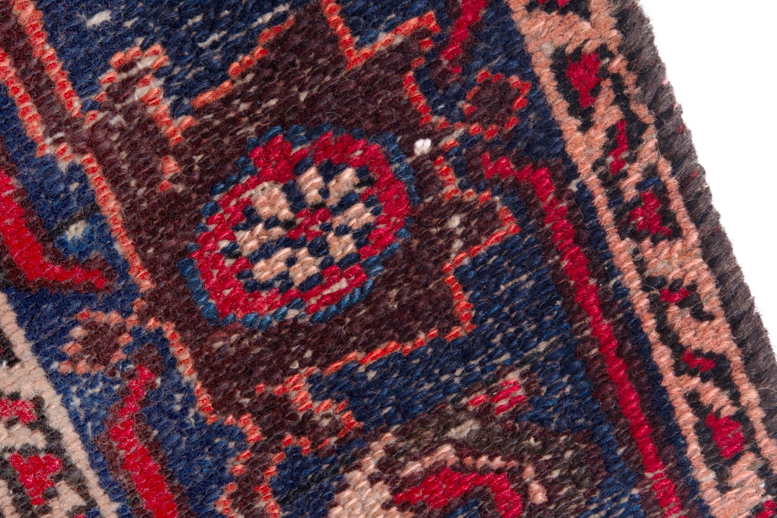 Persian Zanjan runner rug in faded red and dark blue, view 7 of 19