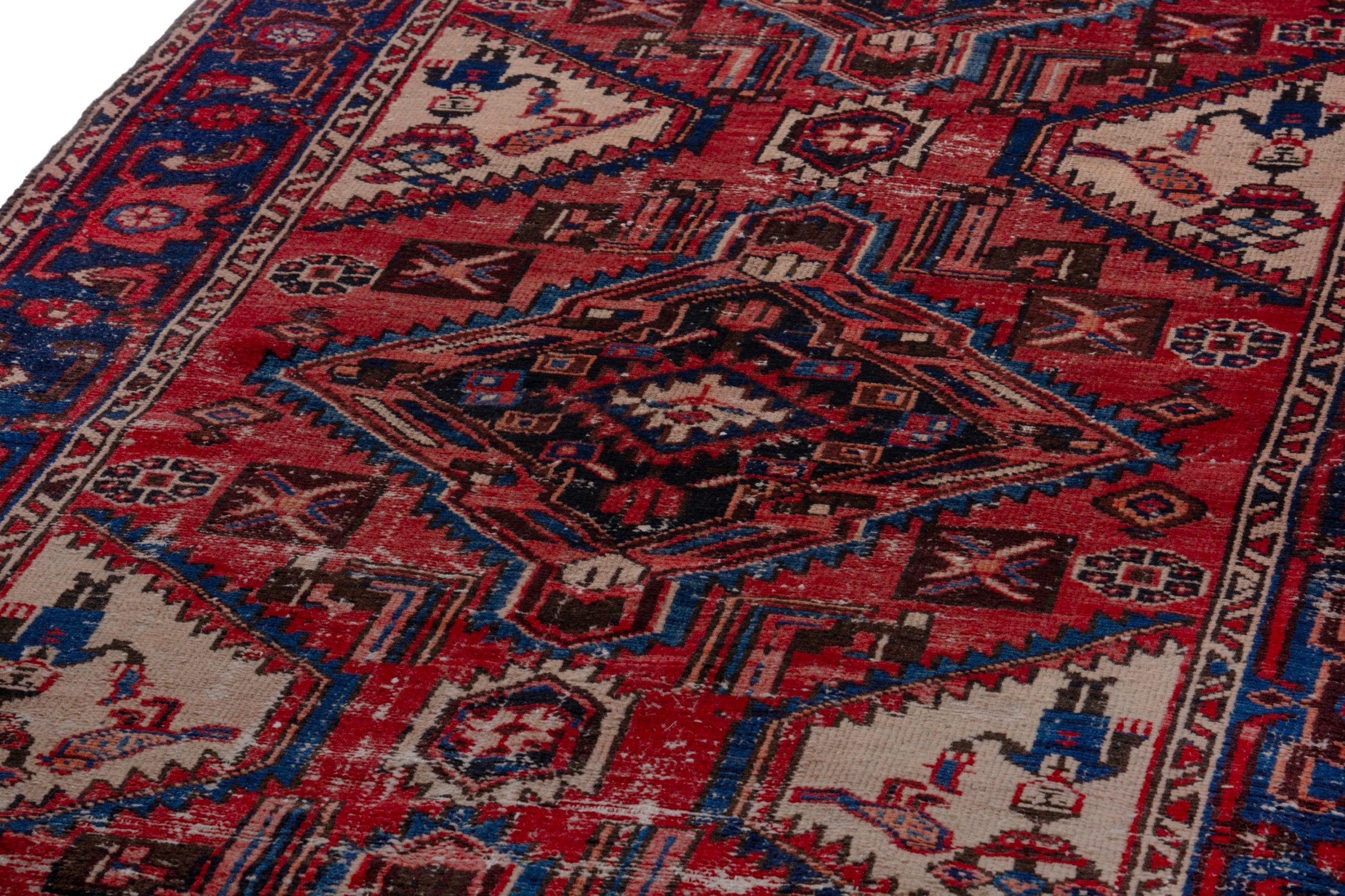 Persian Zanjan runner rug in faded red and dark blue, view 9 of 19