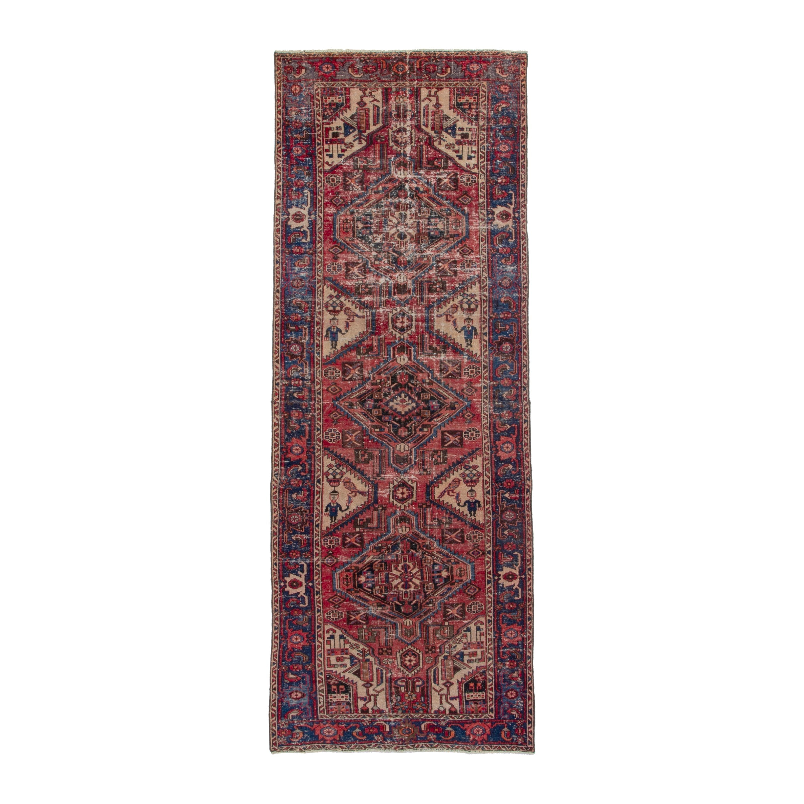 Persian Zanjan runner rug in faded red and dark blue, 3'11" x 11'10"