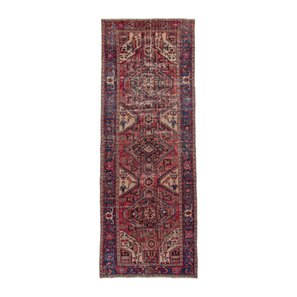 Persian Zanjan runner rug in faded red and dark blue, 3'11" x 11'10"