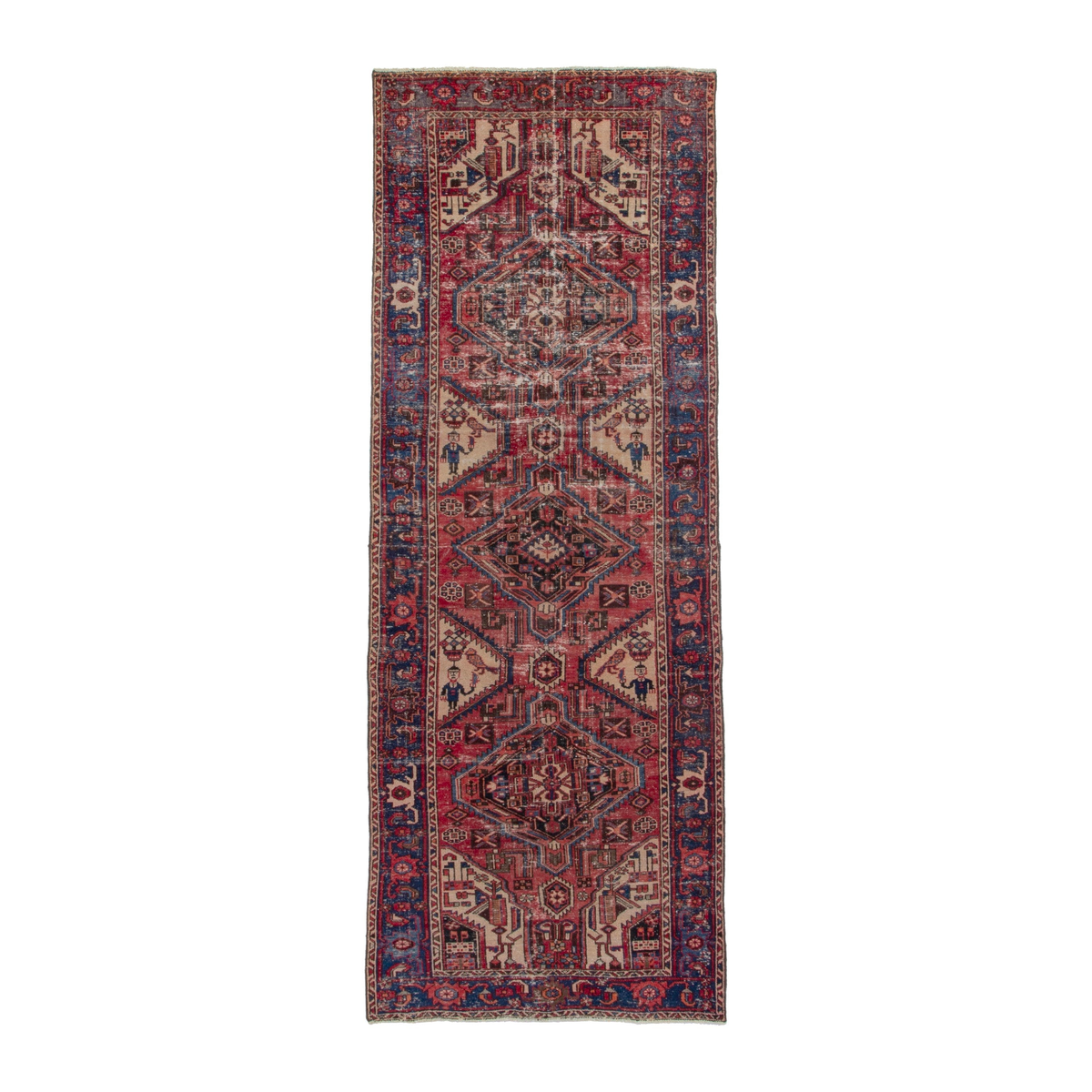 Persian Zanjan runner rug in faded red and dark blue, 3'11" x 11'10"