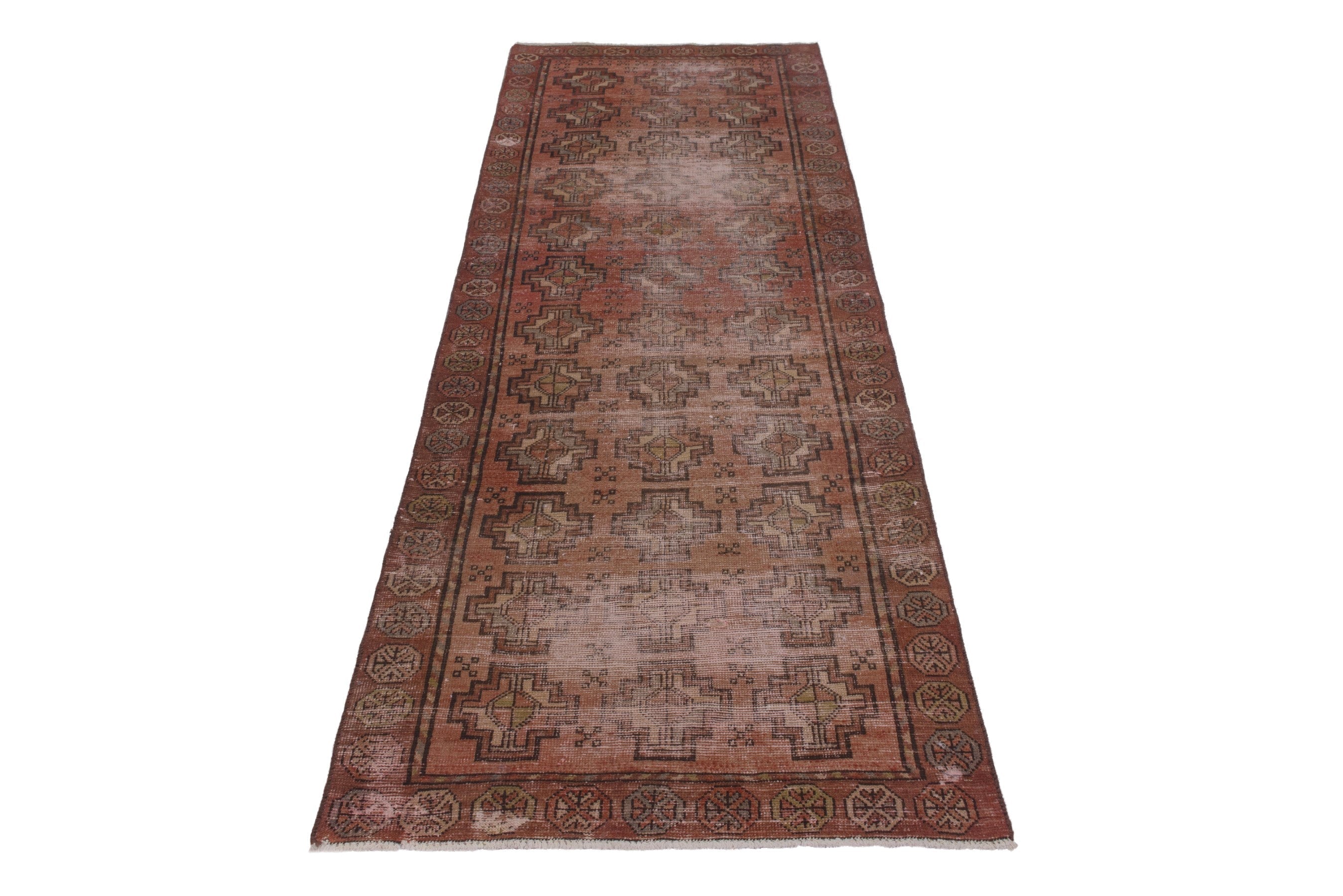 Persian Torkaman runner rug in faded red and muted pink, view 2 of 18