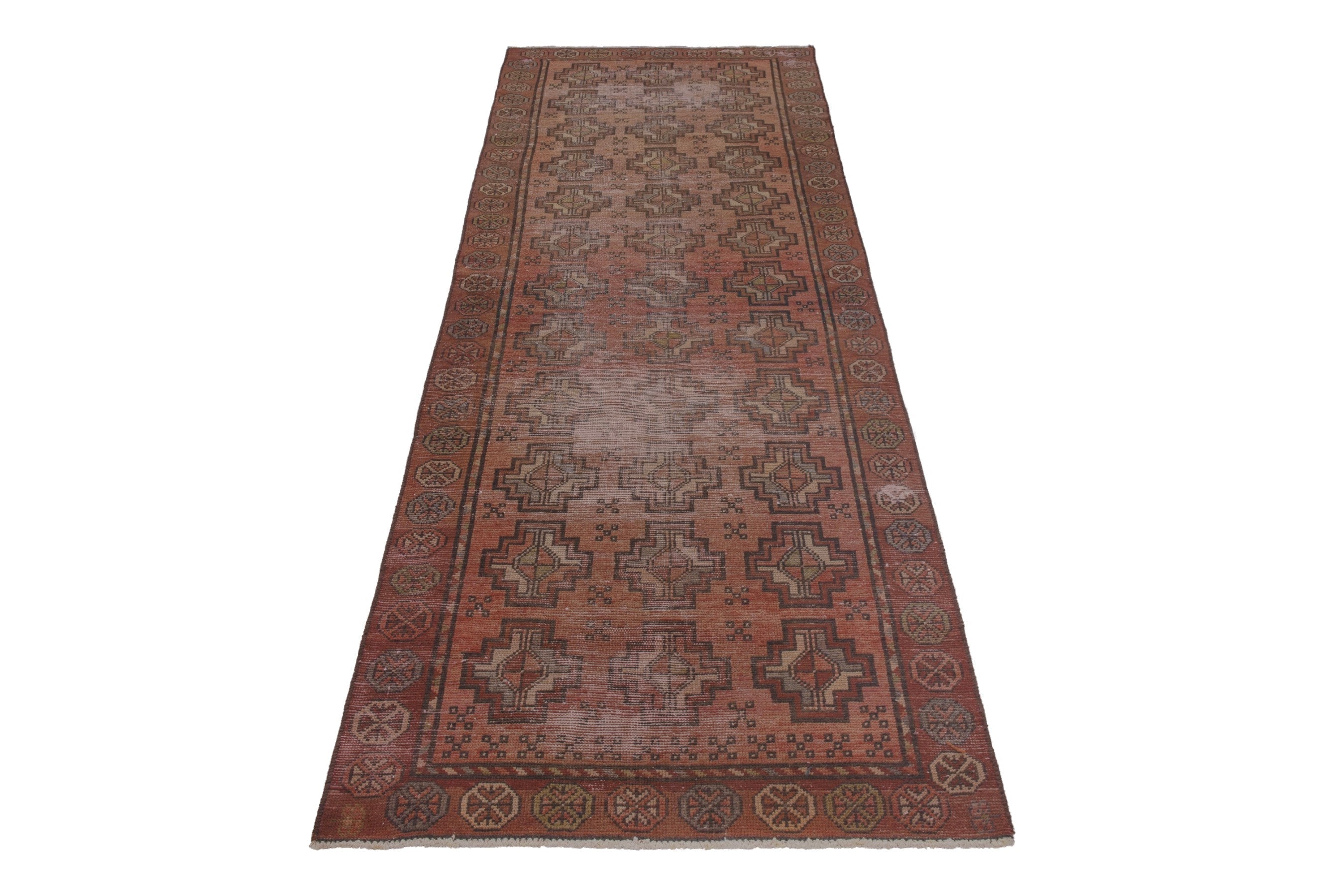 Persian Torkaman runner rug in faded red and muted pink, view 3 of 18