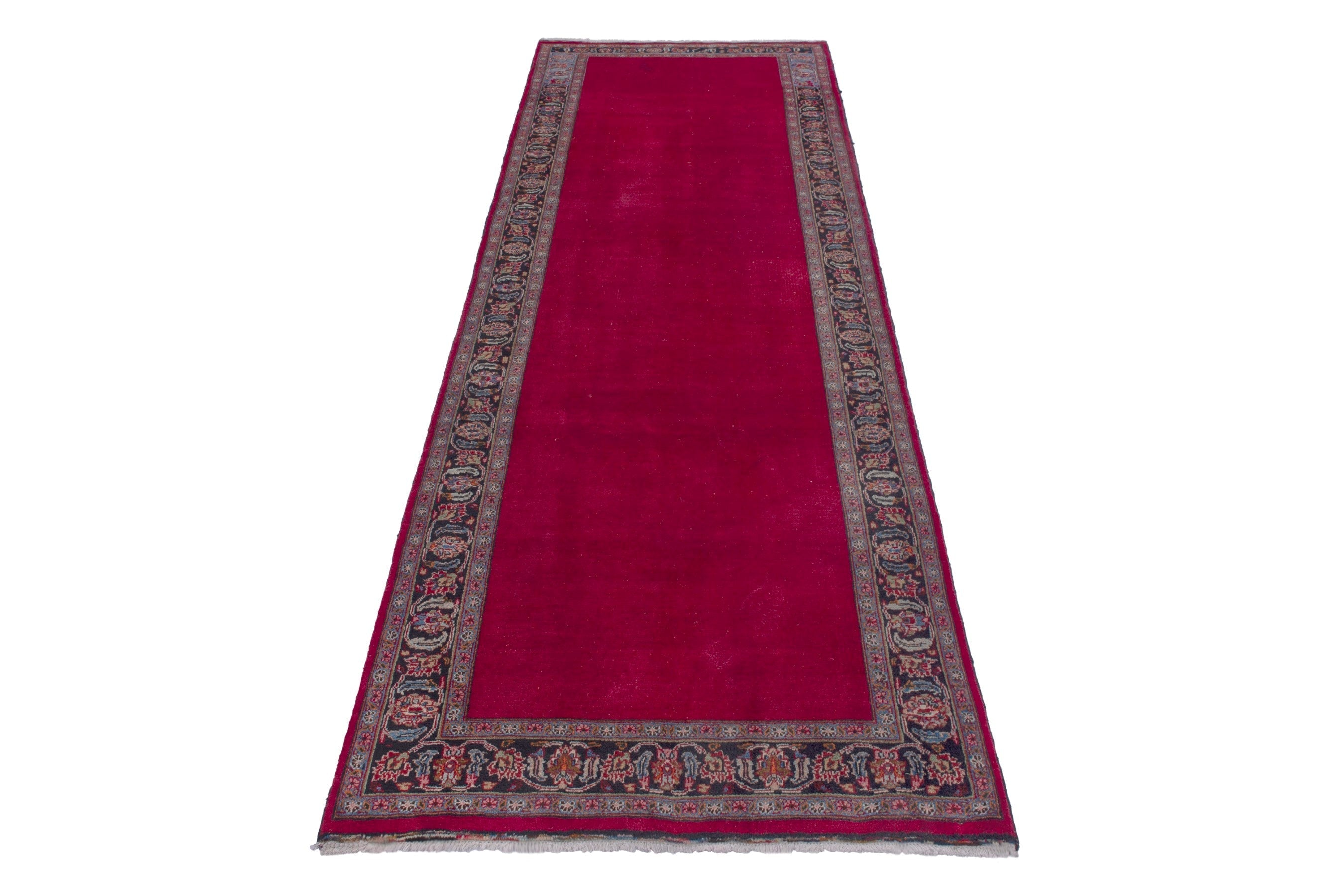 Persian Mashhad runner rug in burgundy and faded red, view 2 of 17