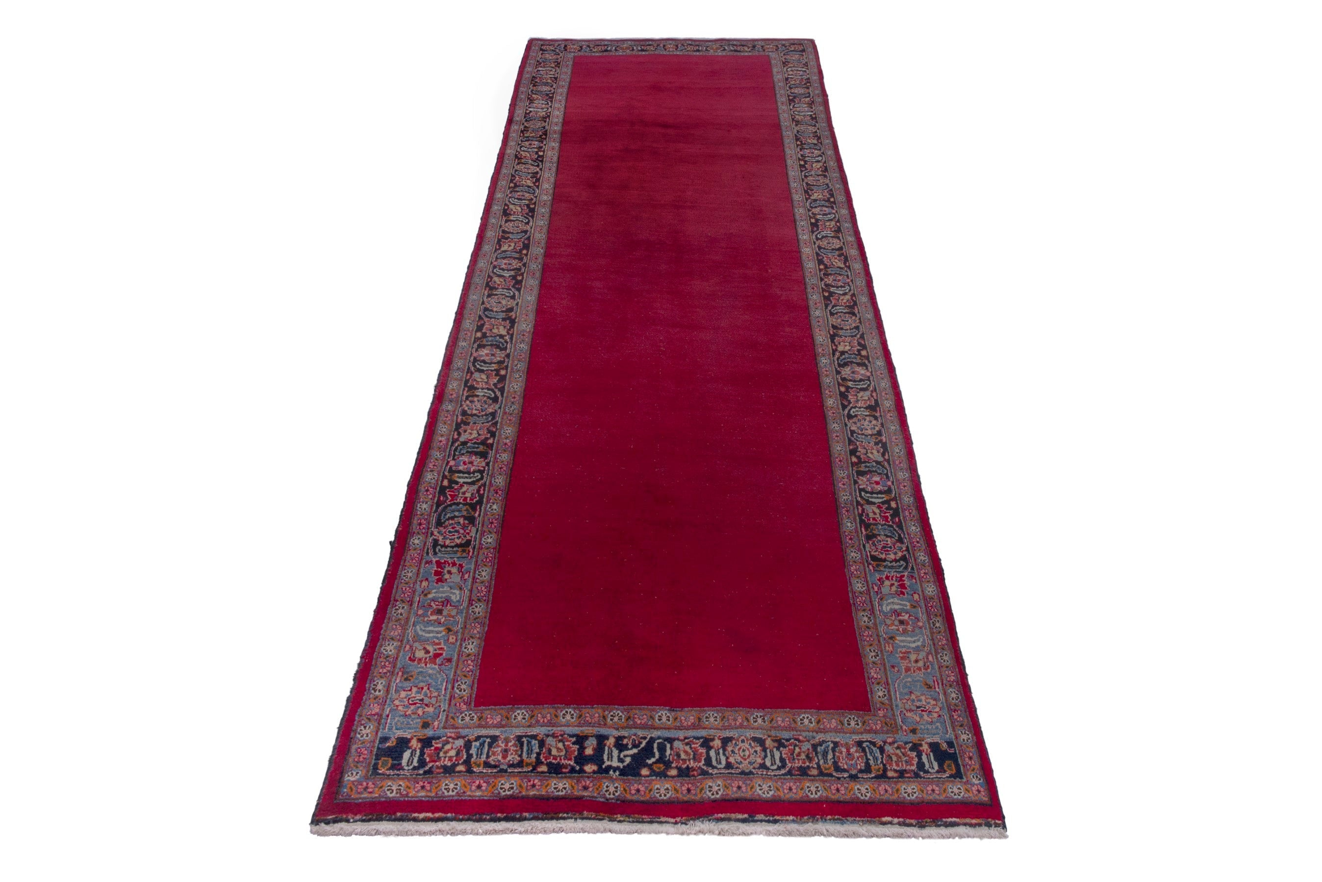 Persian Mashhad runner rug in burgundy and faded red, view 3 of 17