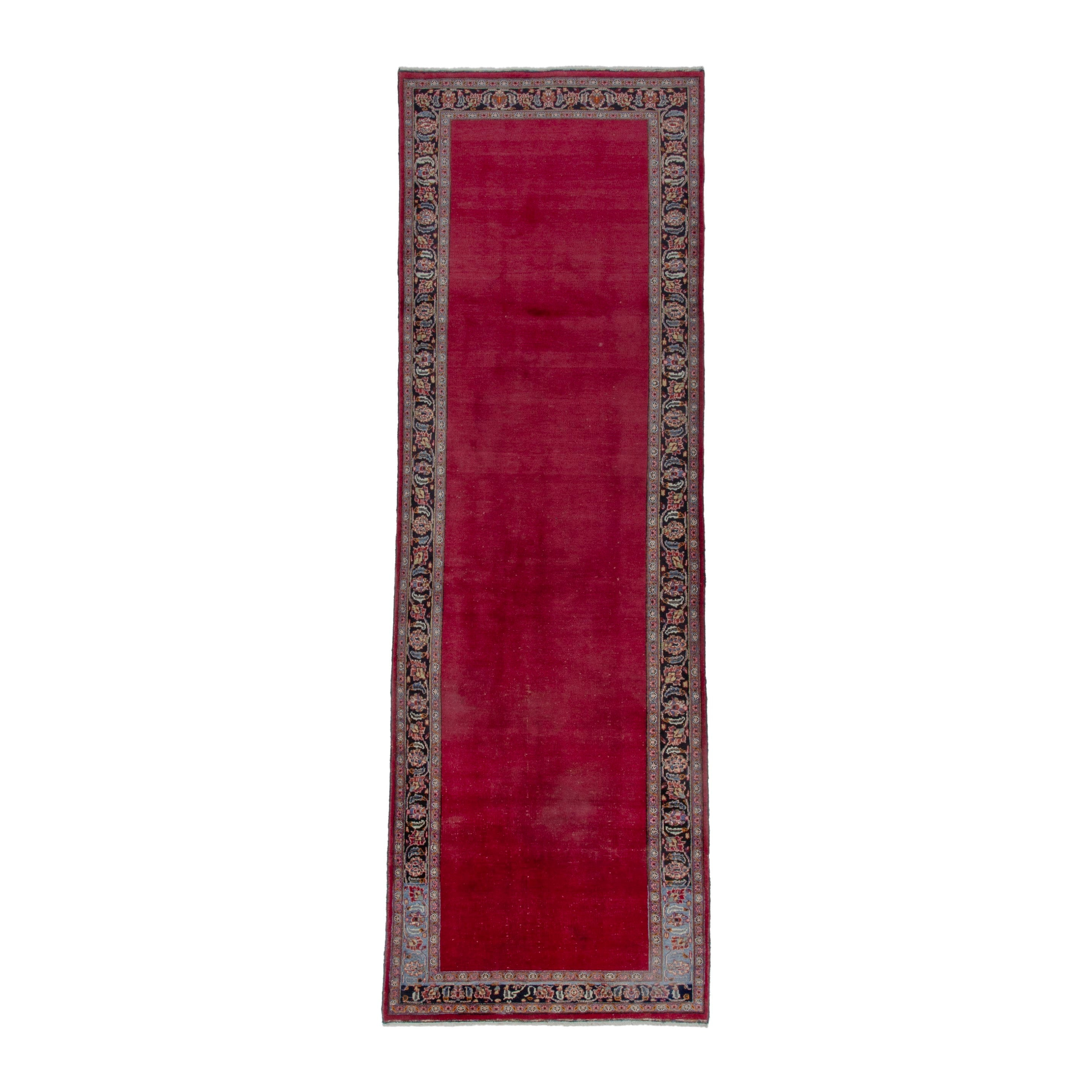 Persian Mashhad runner rug in burgundy and faded red, 3'11" x 12'8"