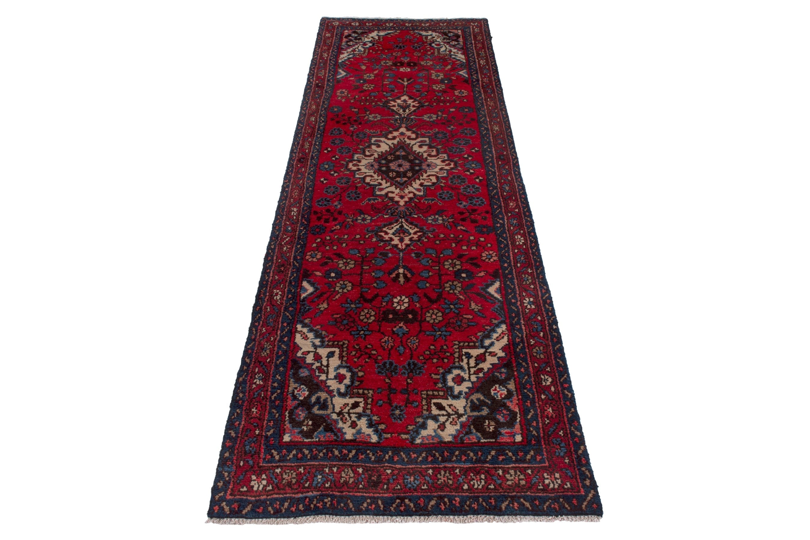 Persian Hamedan runner rug in deep red and cream, view 2 of 17