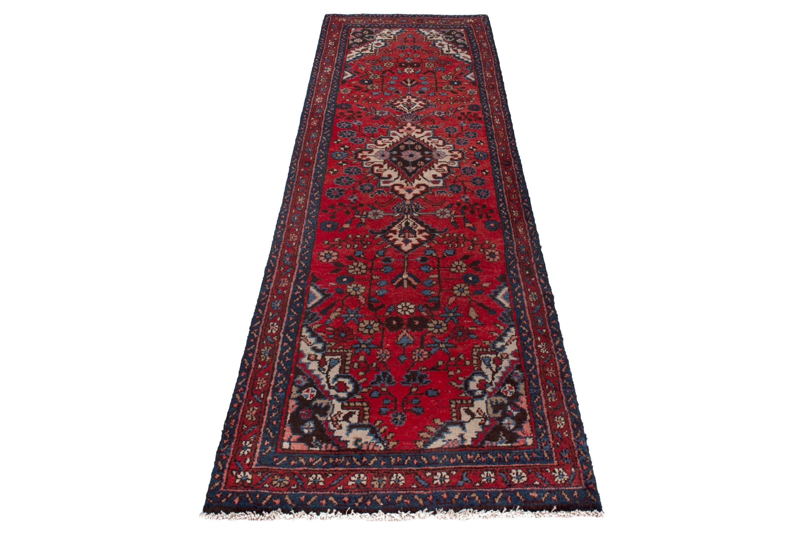 Persian Hamedan runner rug in deep red and cream, view 3 of 17