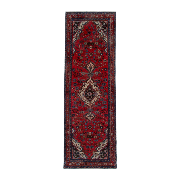 Persian Hamadan runner rug in deep red and cream, 3'3" x 9'10"