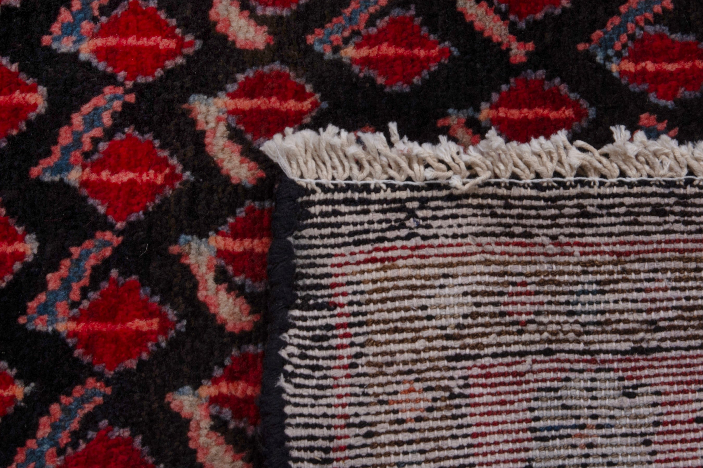 Persian Hamedan runner rug in navy and burgundy, view 18 of 18
