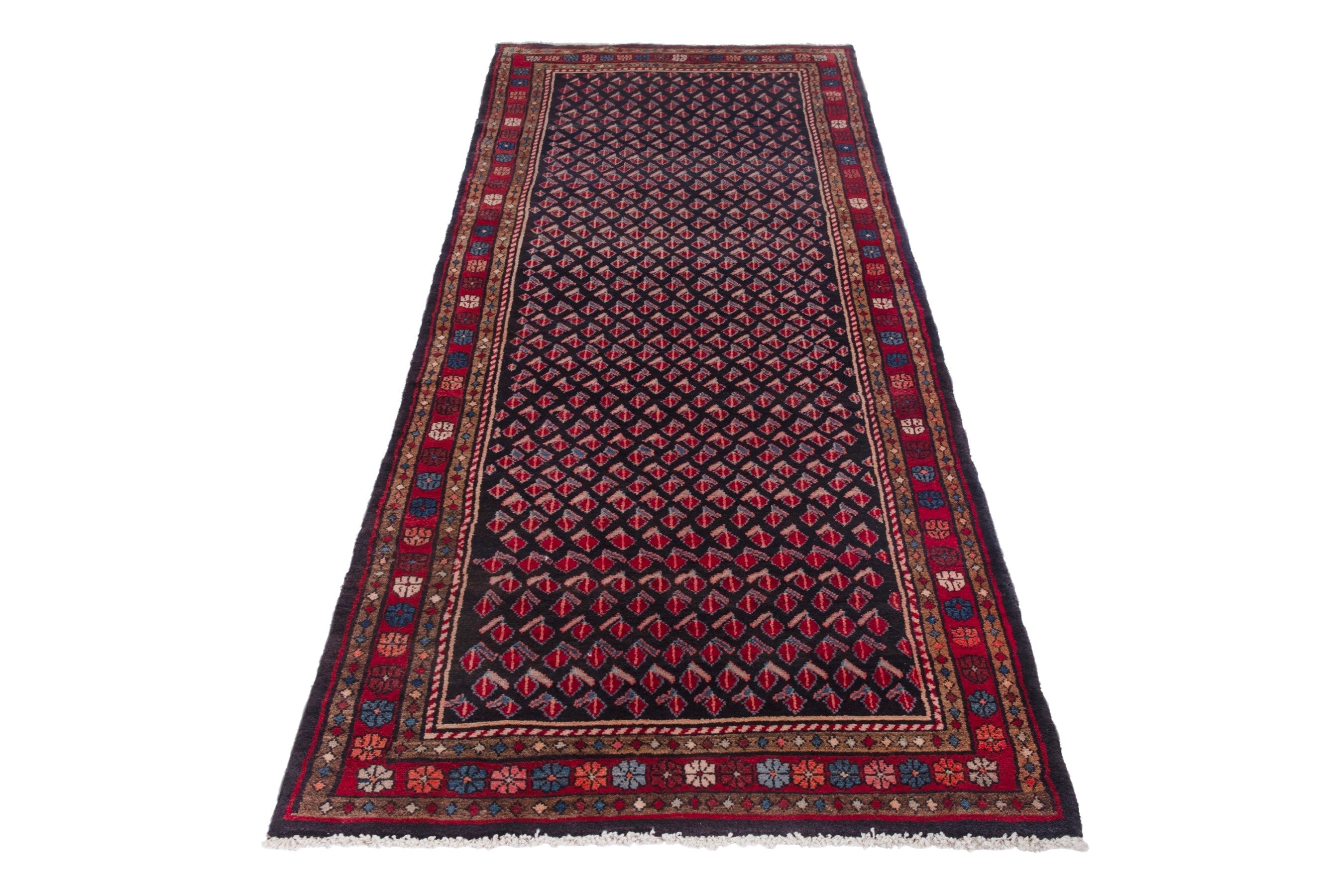 Persian Hamedan runner rug in navy and burgundy, view 2 of 18