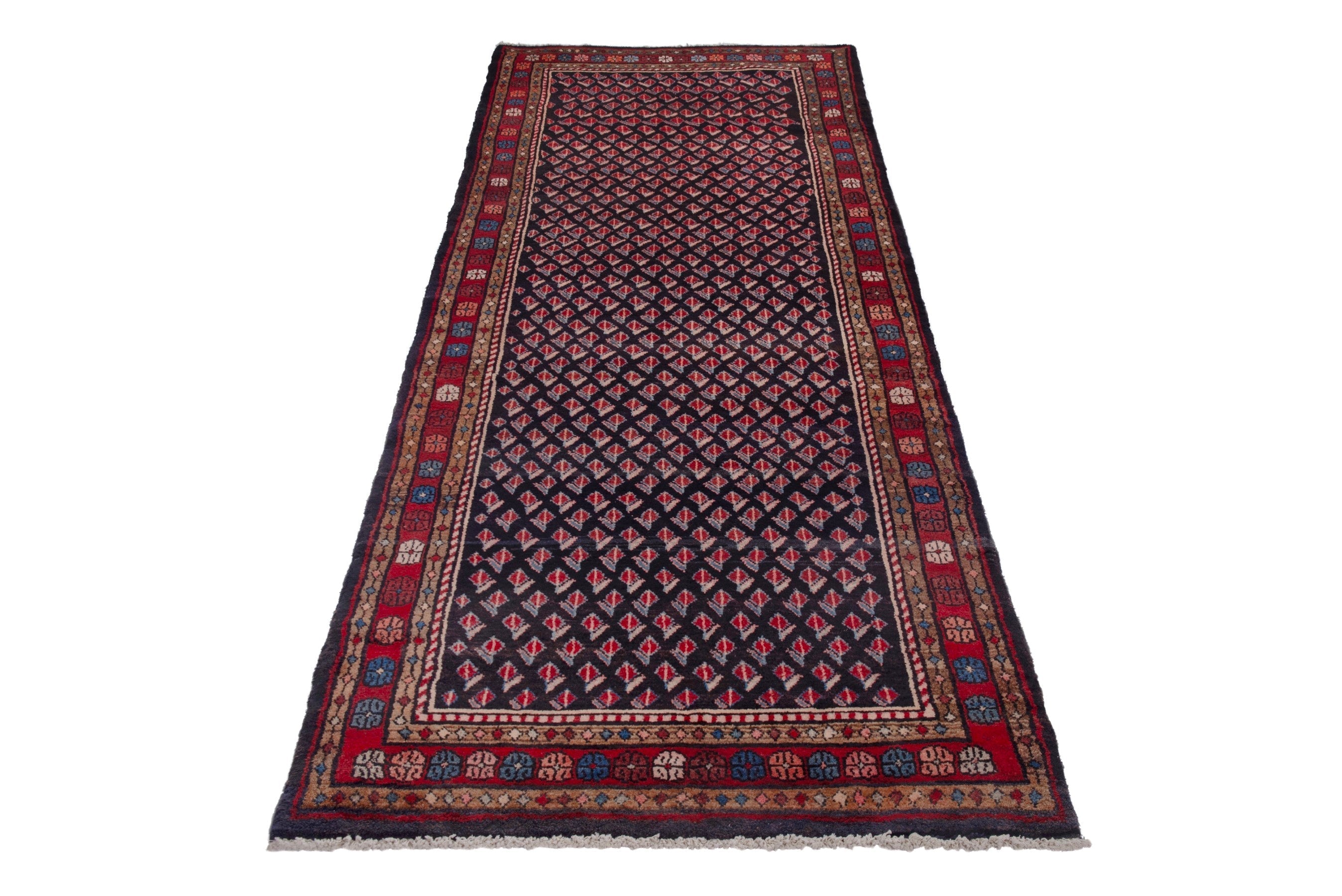 Persian Hamedan runner rug in navy and burgundy, view 3 of 18