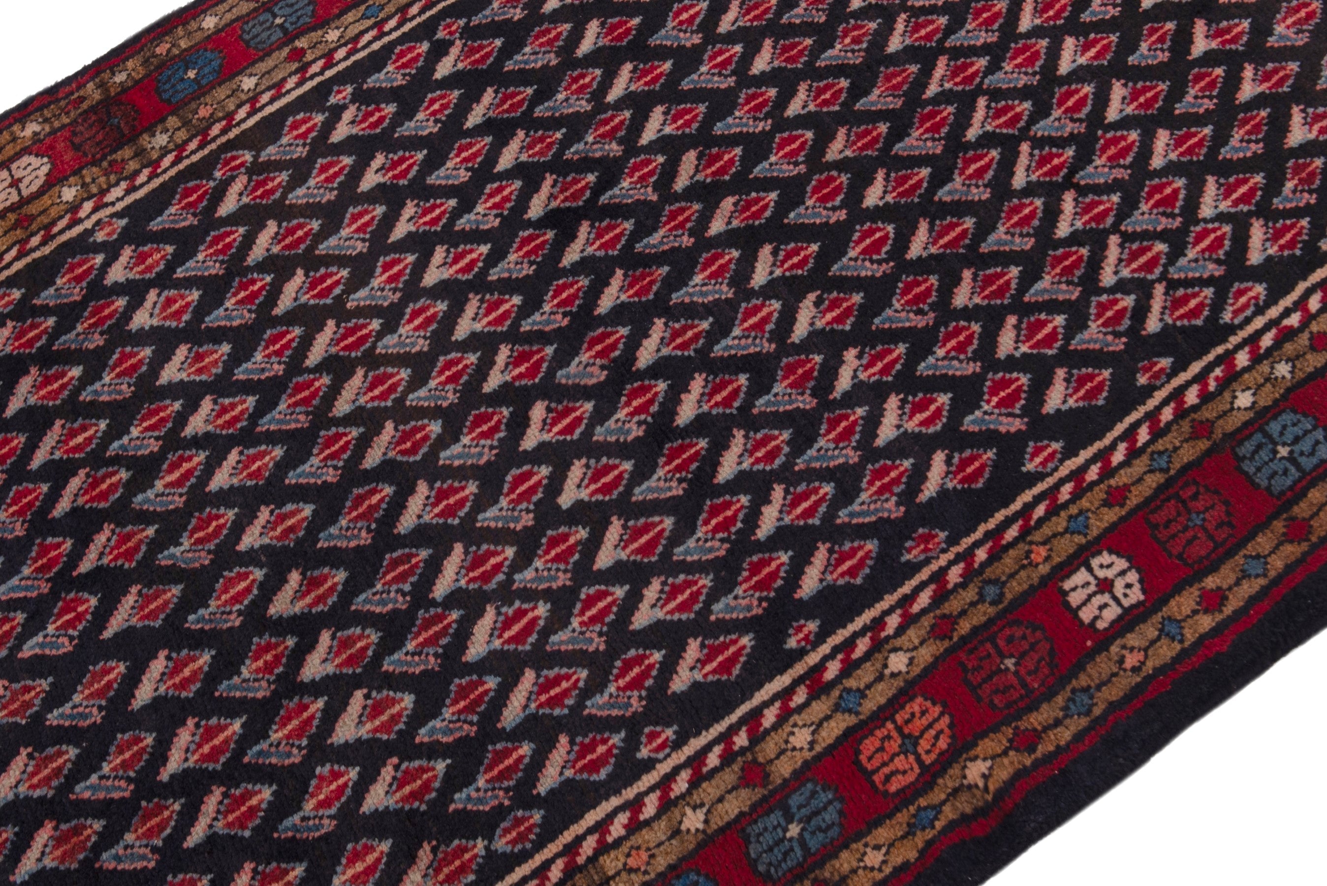 Persian Hamedan runner rug in navy and burgundy, view 6 of 18