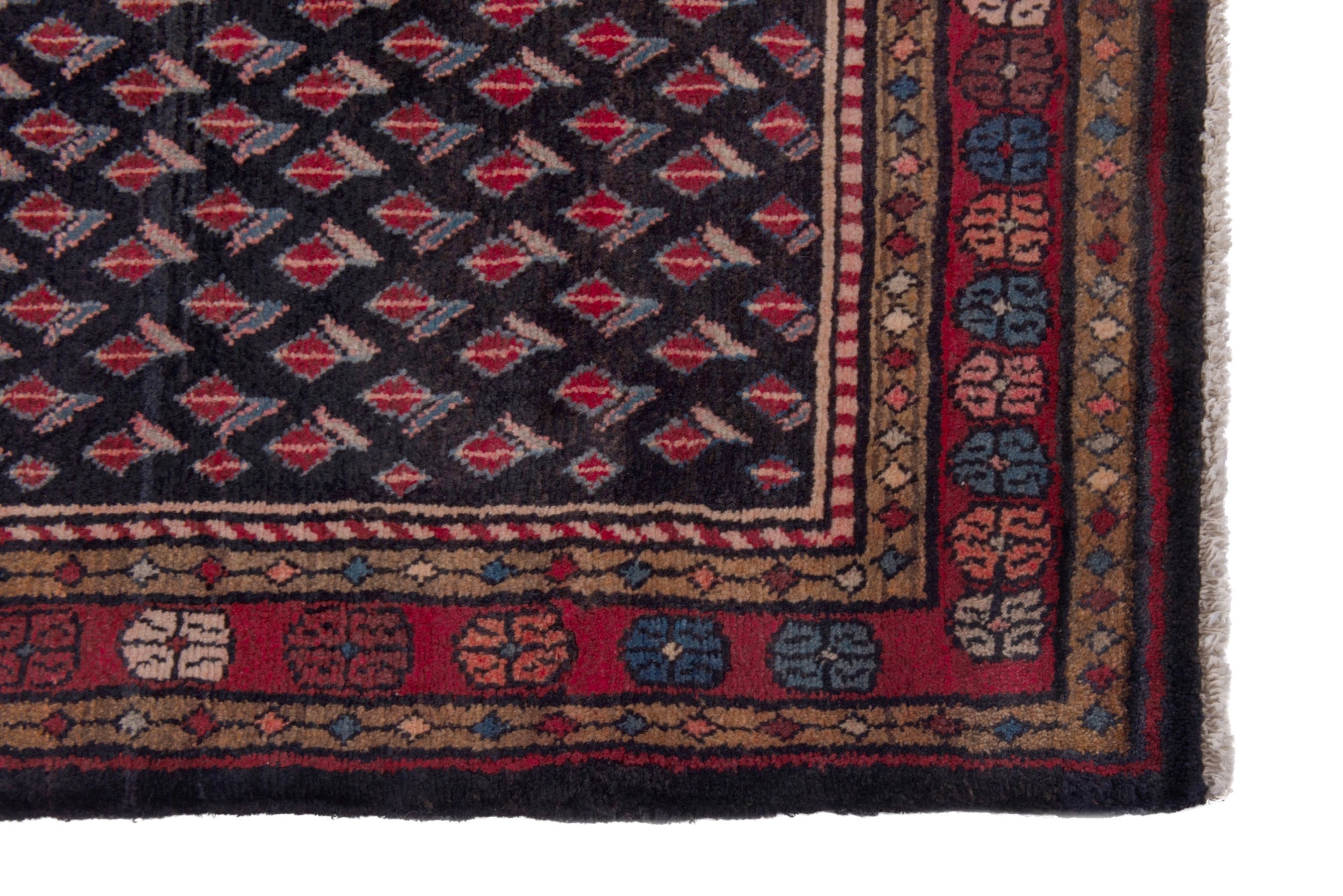 Persian Hamedan runner rug in navy and burgundy, view 5 of 18